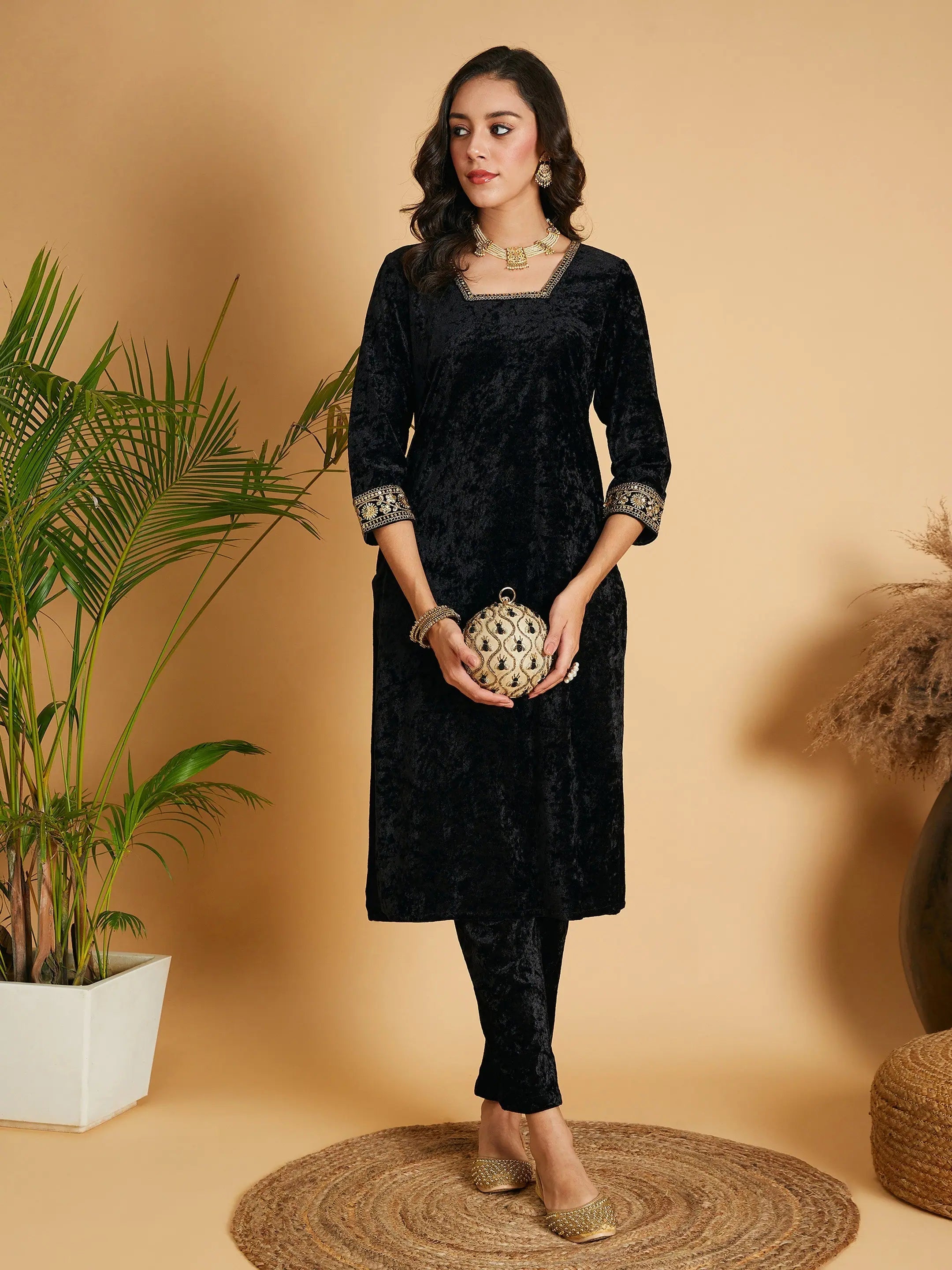 Black Velvet Kurtas for Women - Embroidered Indian Kurta