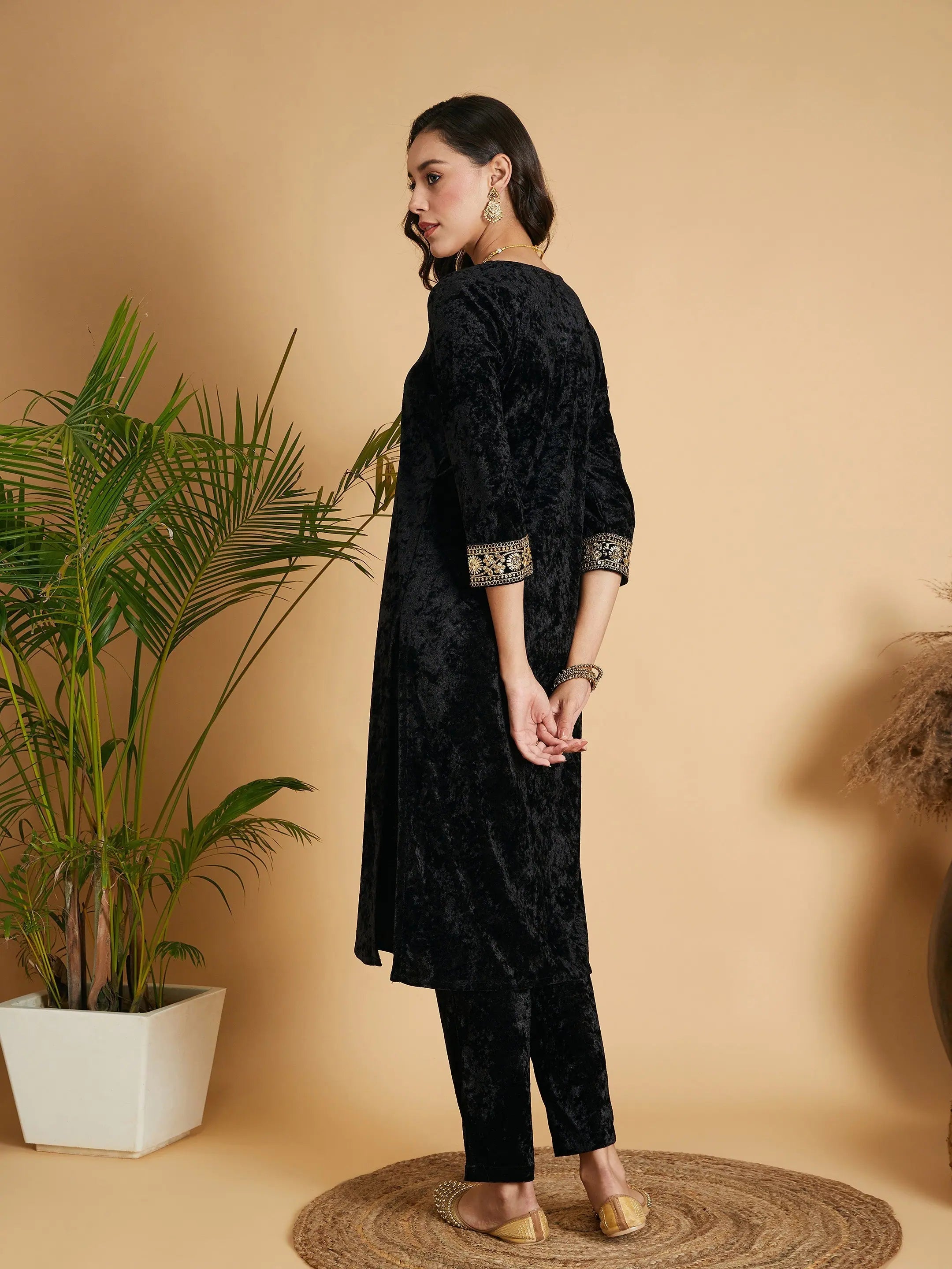 Black Velvet Kurtas for Women - Embroidered Indian Kurta