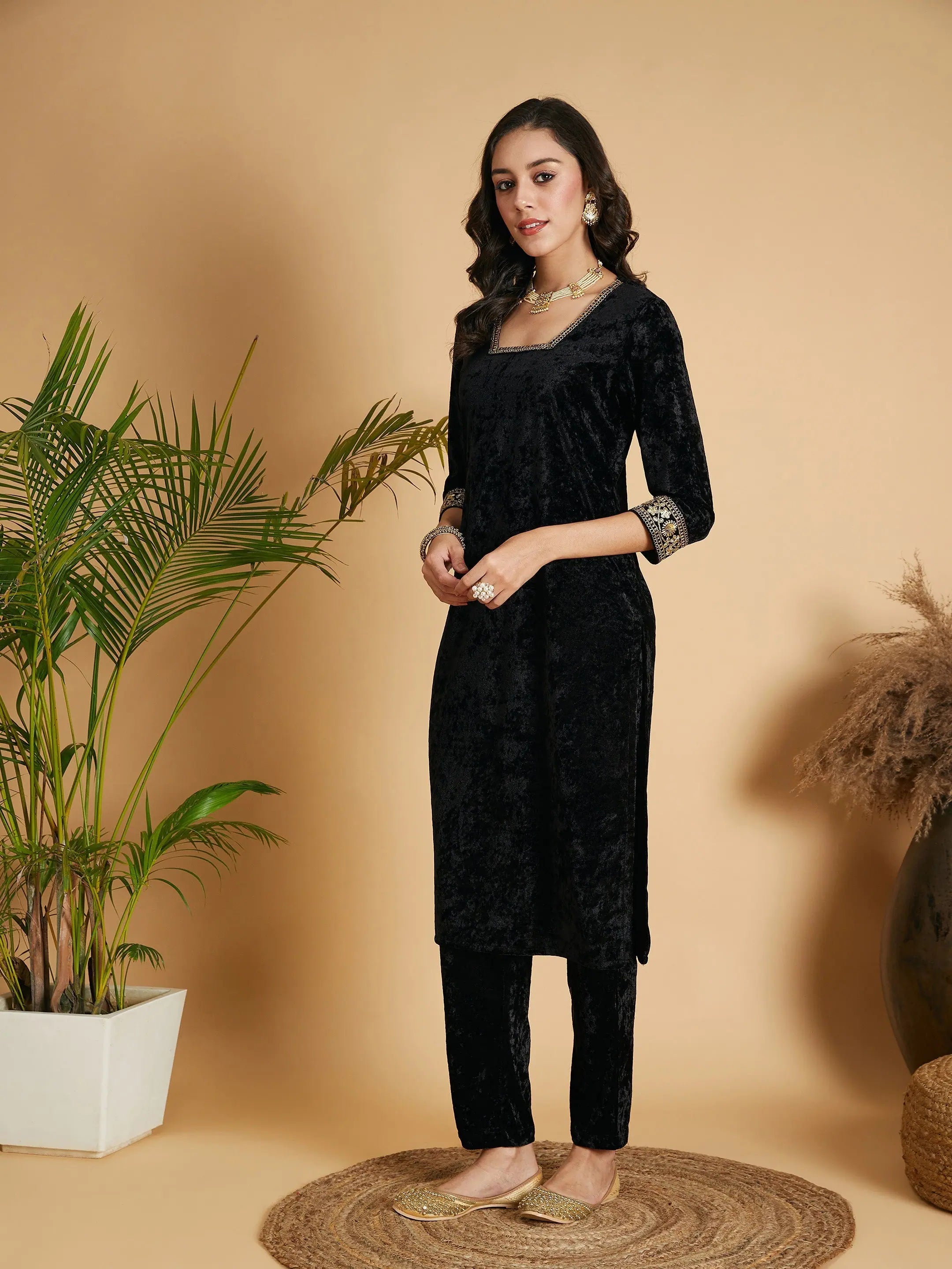 Black Velvet Kurtas for Women - Embroidered Indian Kurta