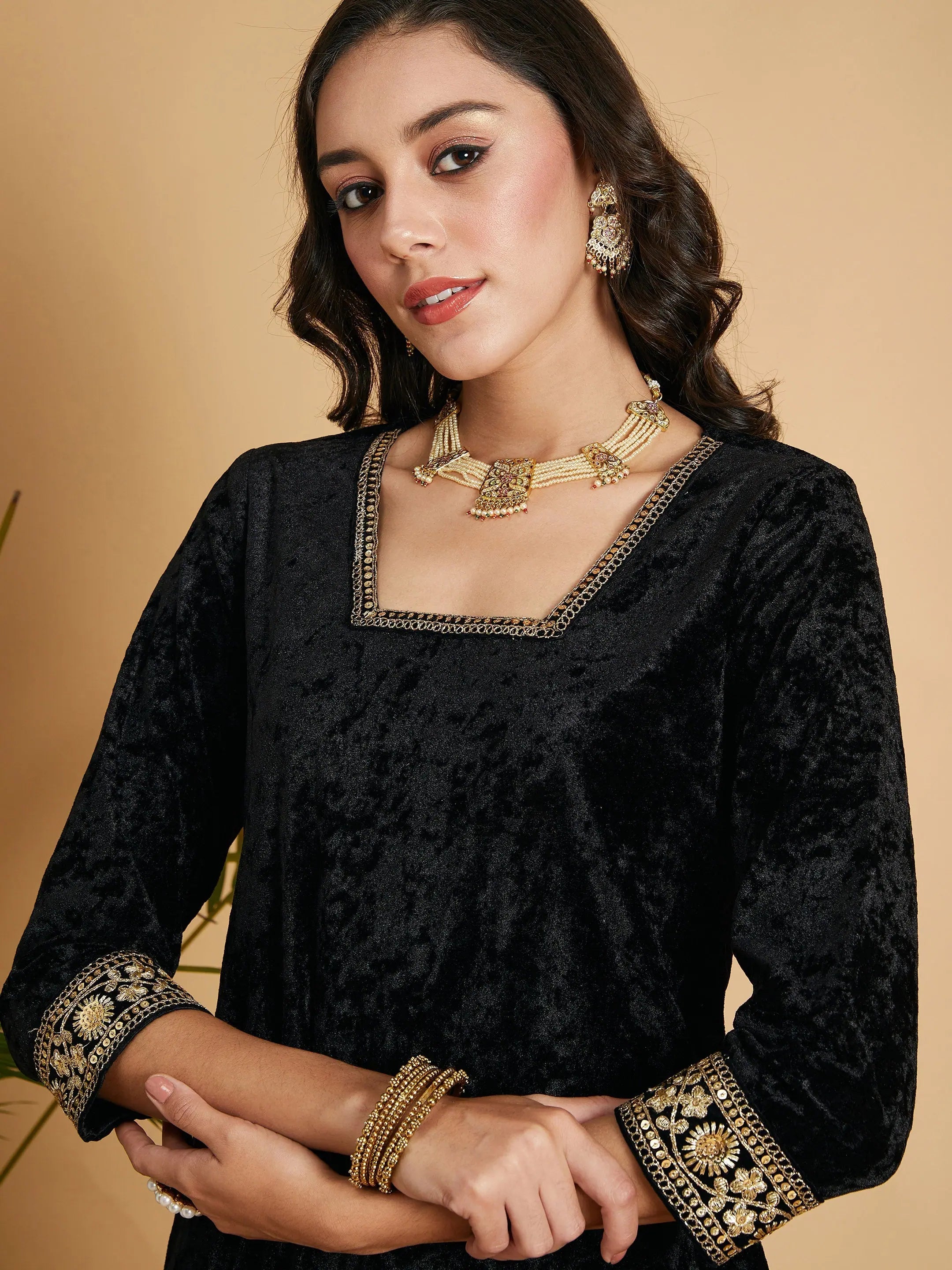 Black Velvet Kurtas for Women - Embroidered Indian Kurta
