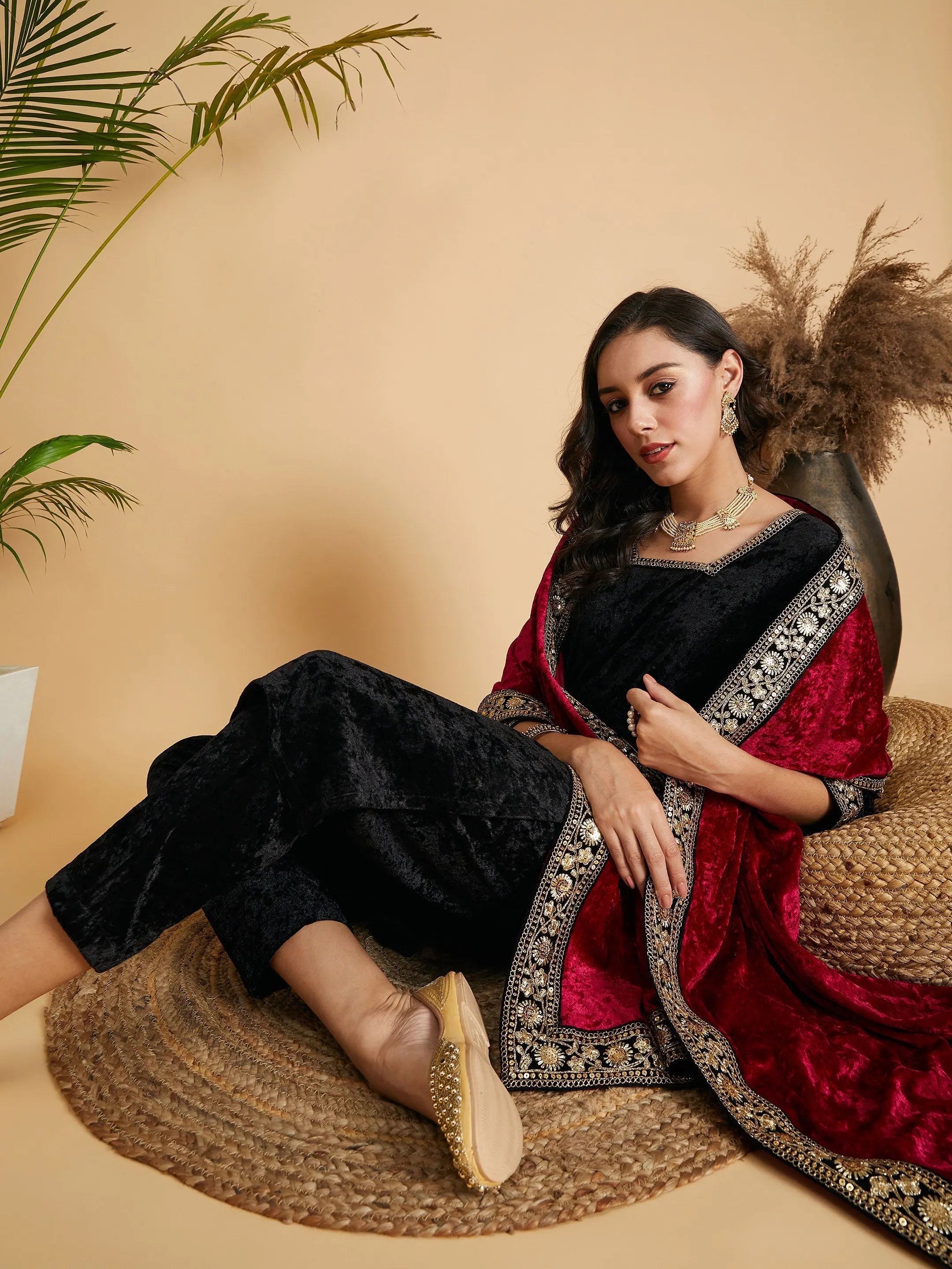 Black Velvet Kurtas for Women - Embroidered Indian Kurta