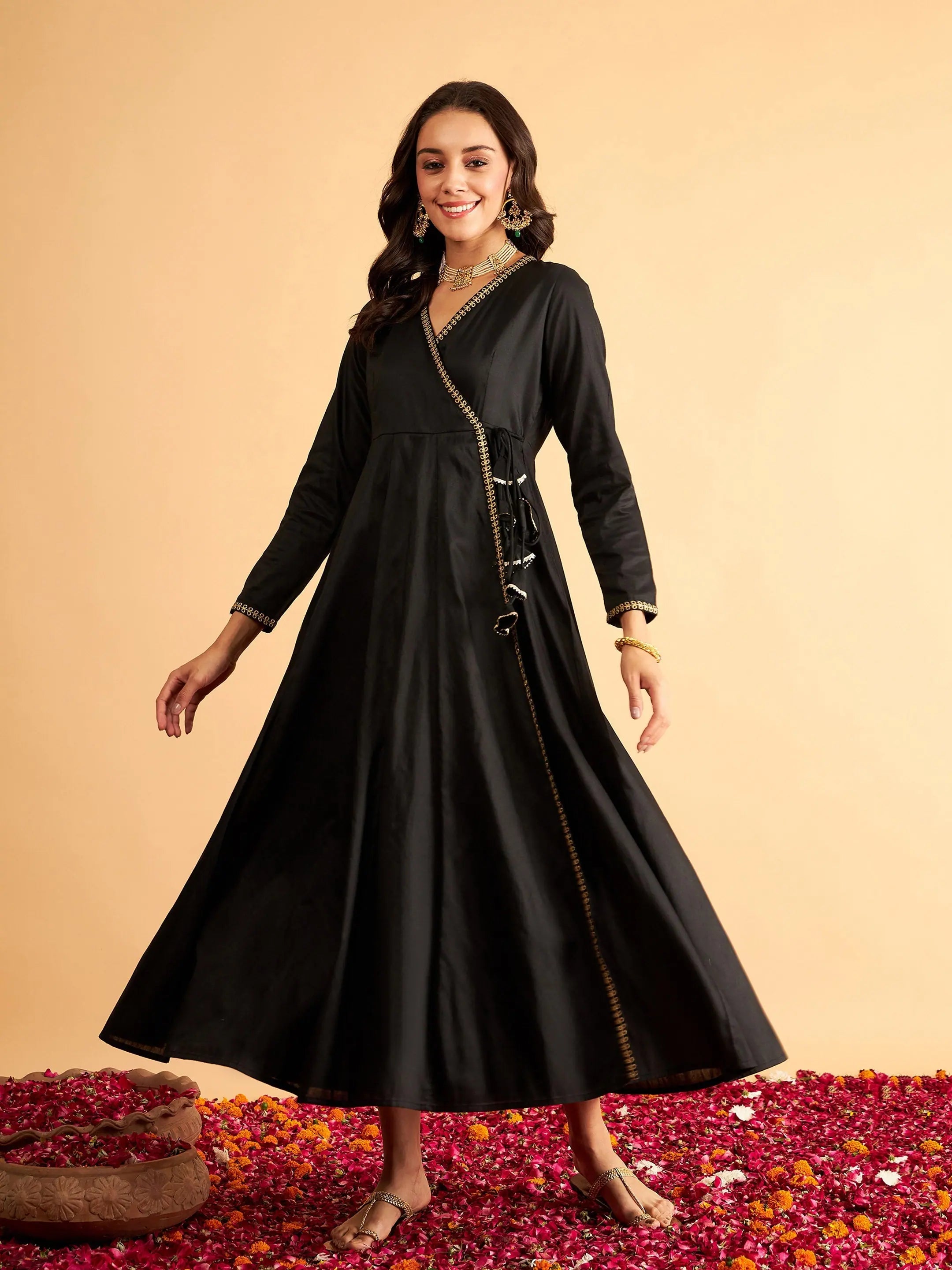 Black Angrakha Lehenga Choli Style Anarkali Dress With Slip