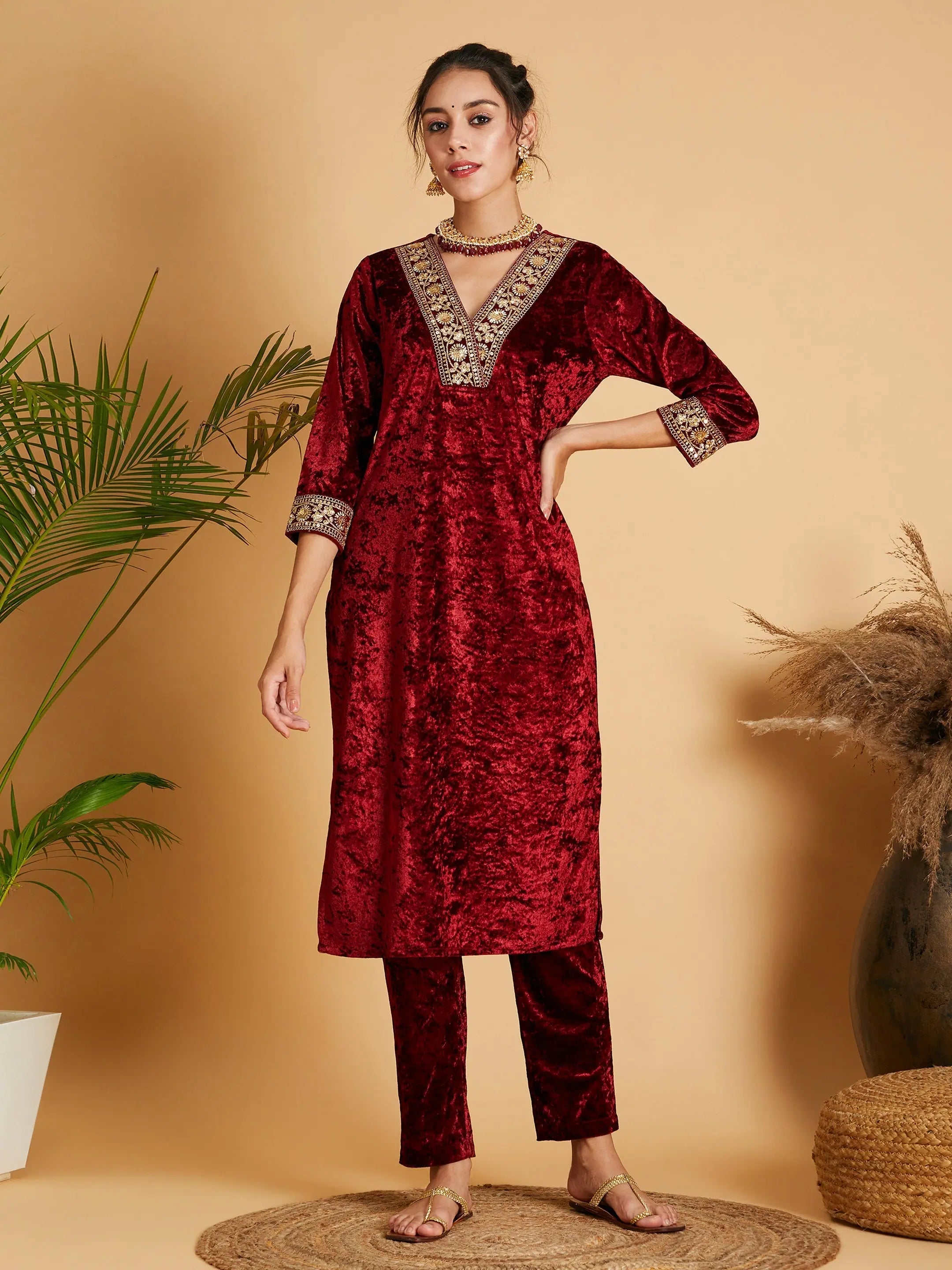 Maroon Velvet Straight Kurta | Elegant Indian Kurta Online