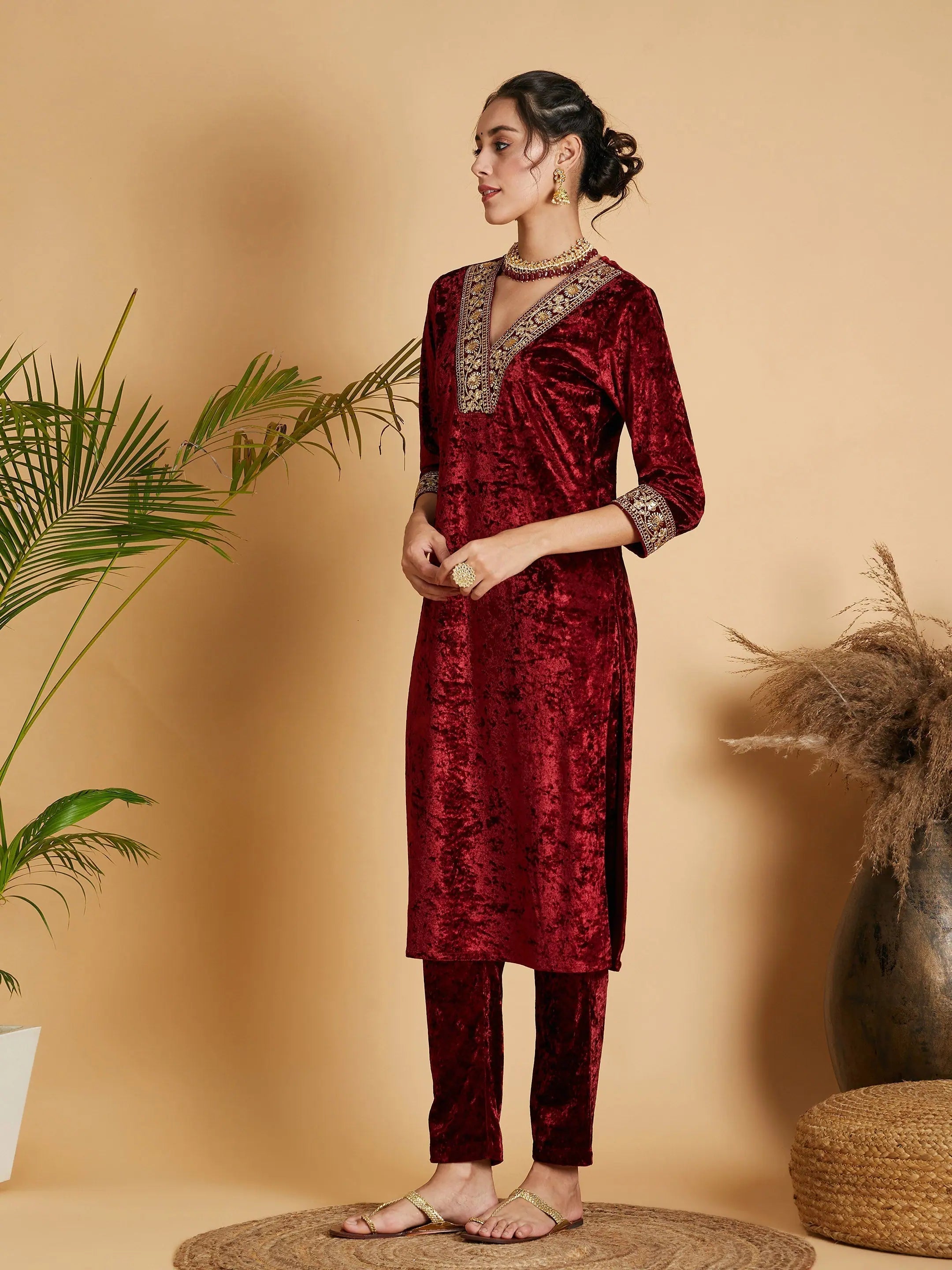 Maroon Velvet Straight Kurta | Elegant Indian Kurta Online