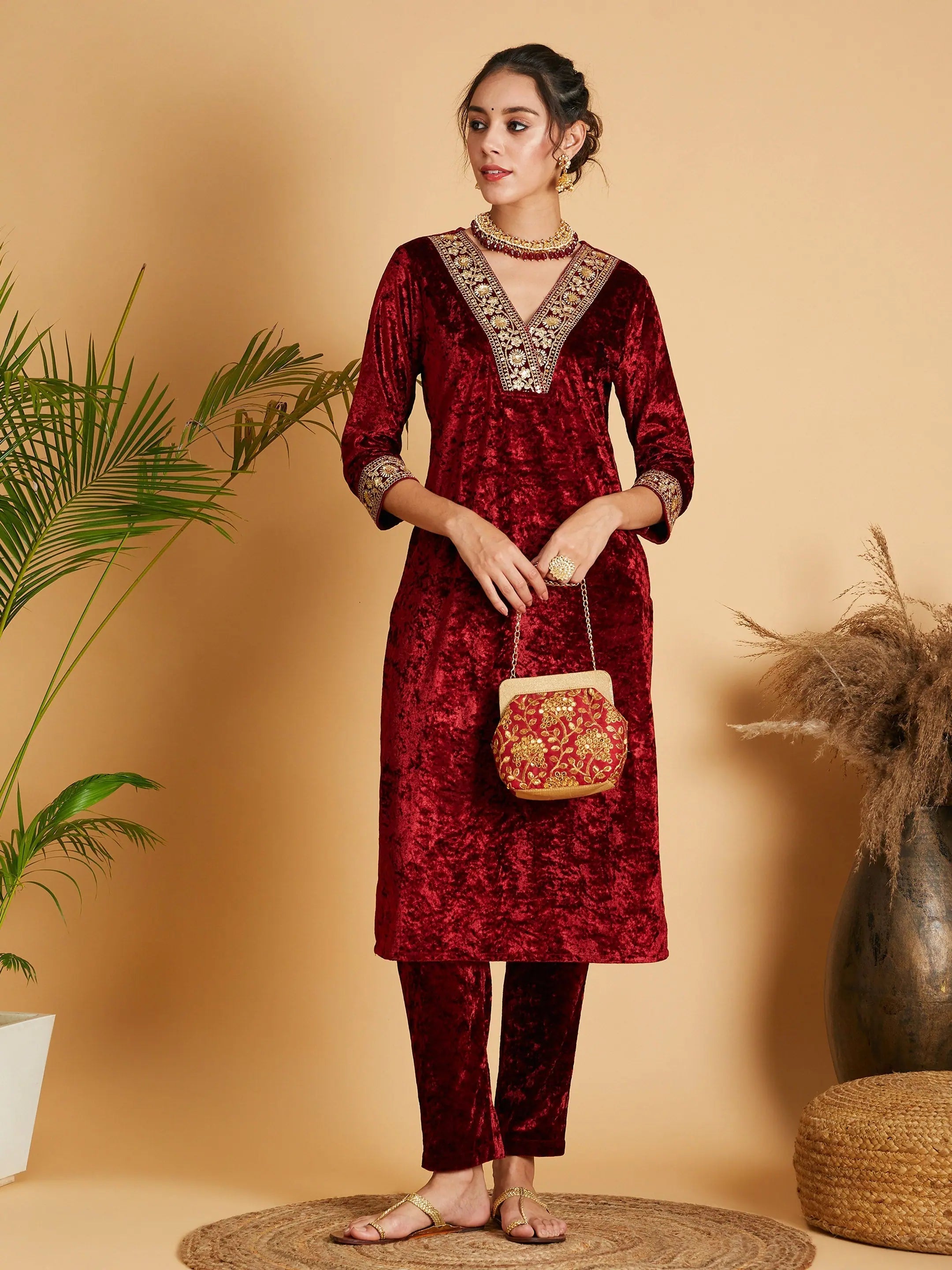 Maroon Velvet Straight Kurta | Elegant Indian Kurta Online