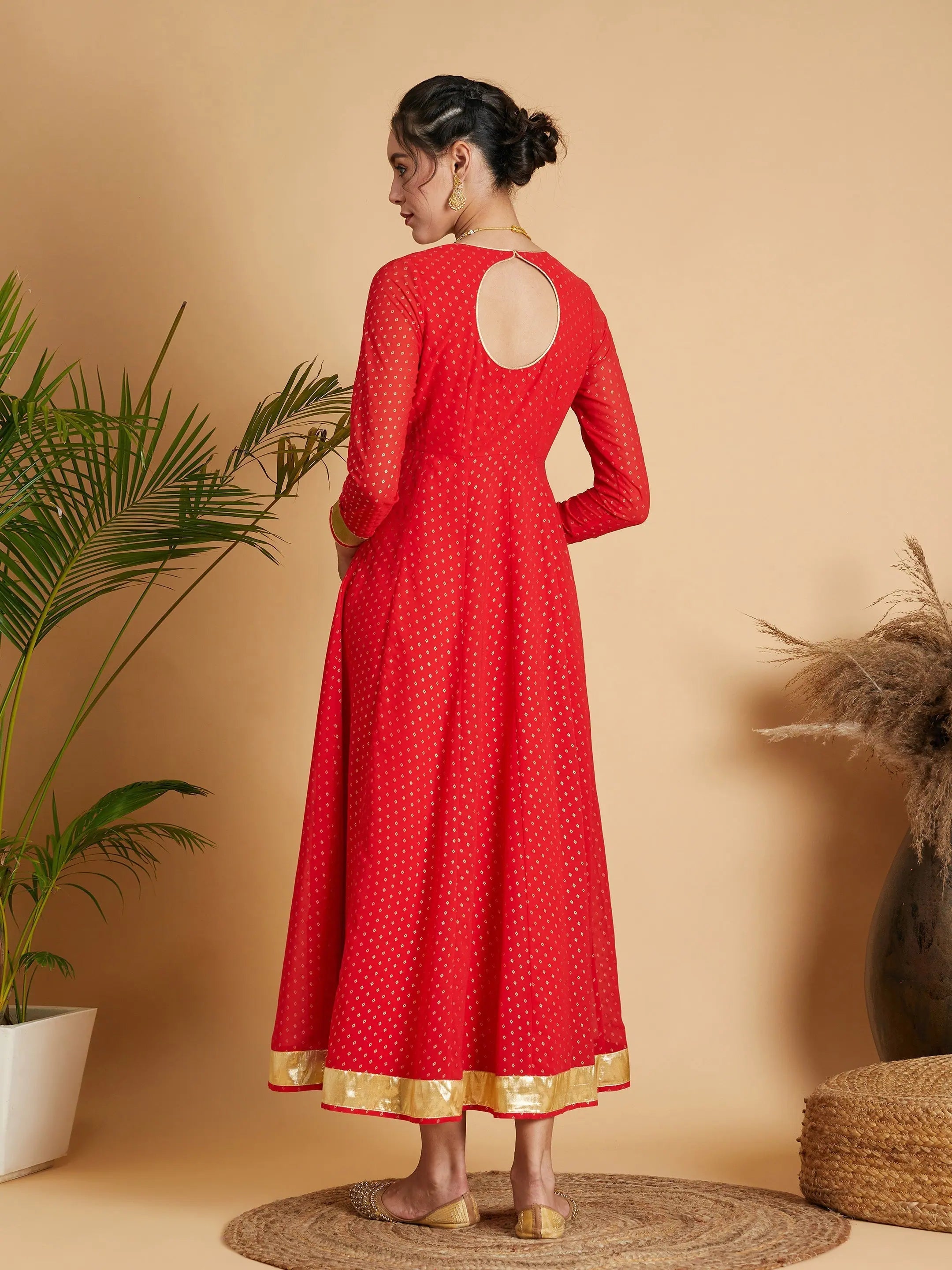 Red Foil Print Lehenga Choli Anarkali Dress for Women