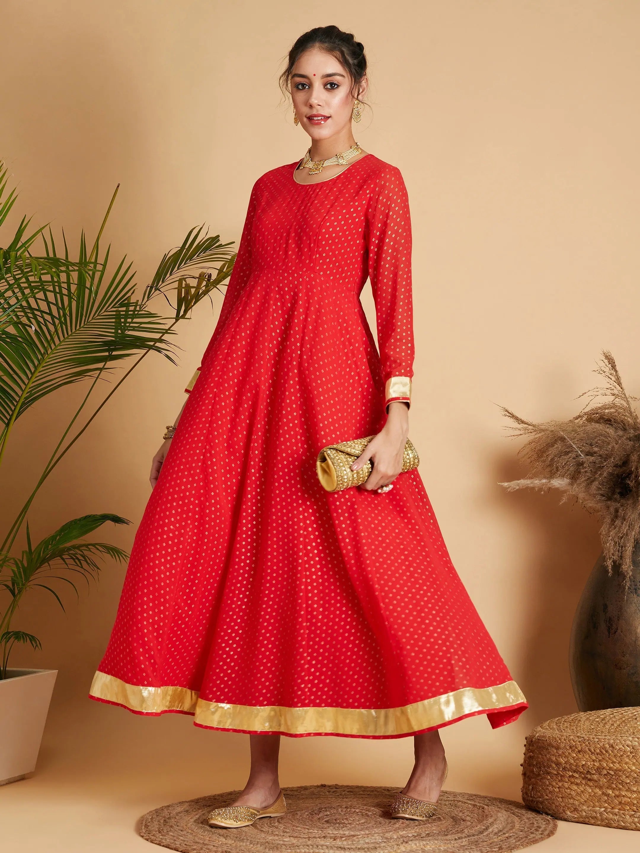 Red Foil Print Lehenga Choli Anarkali Dress for Women