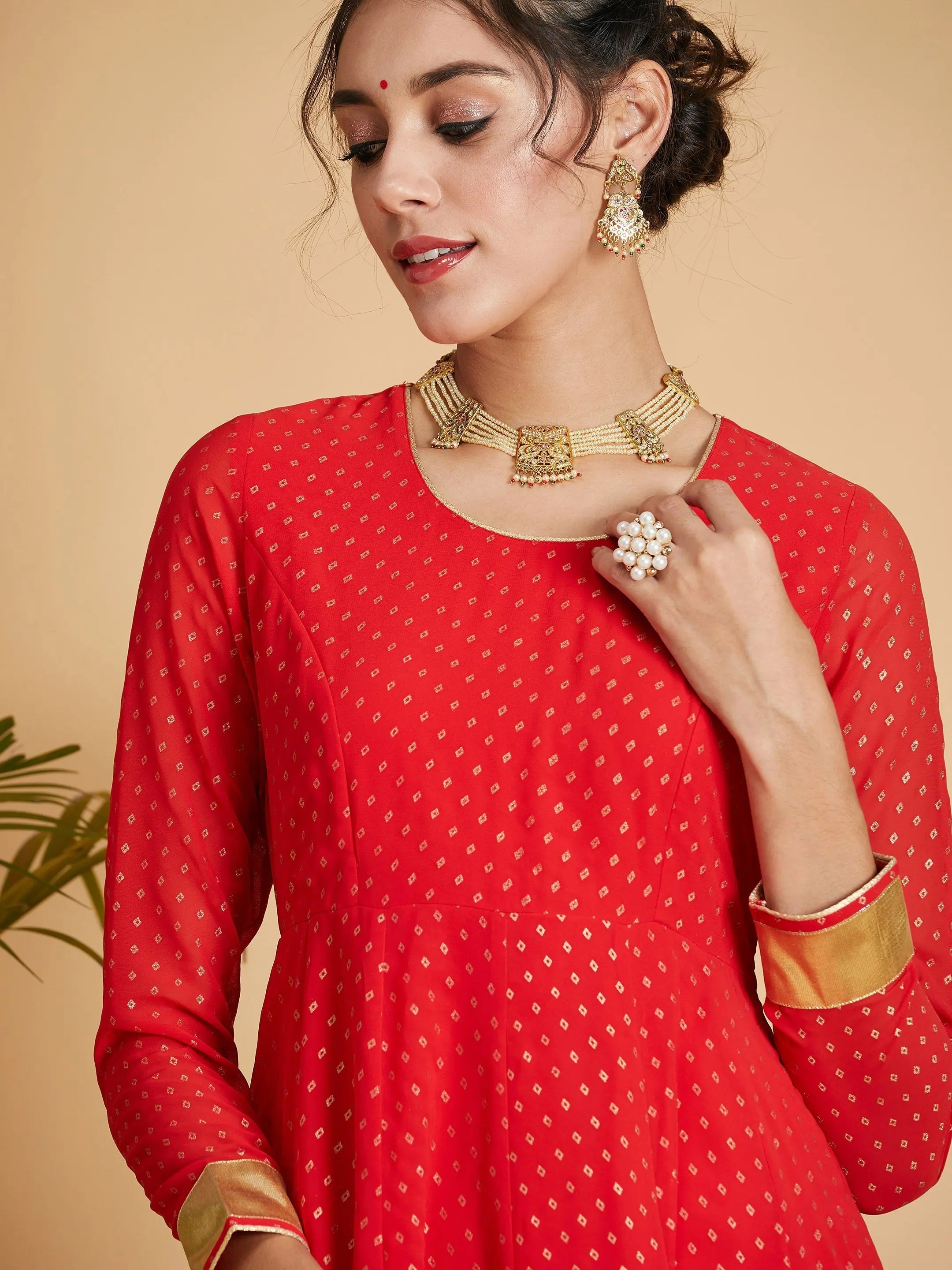 Red Foil Print Lehenga Choli Anarkali Dress for Women