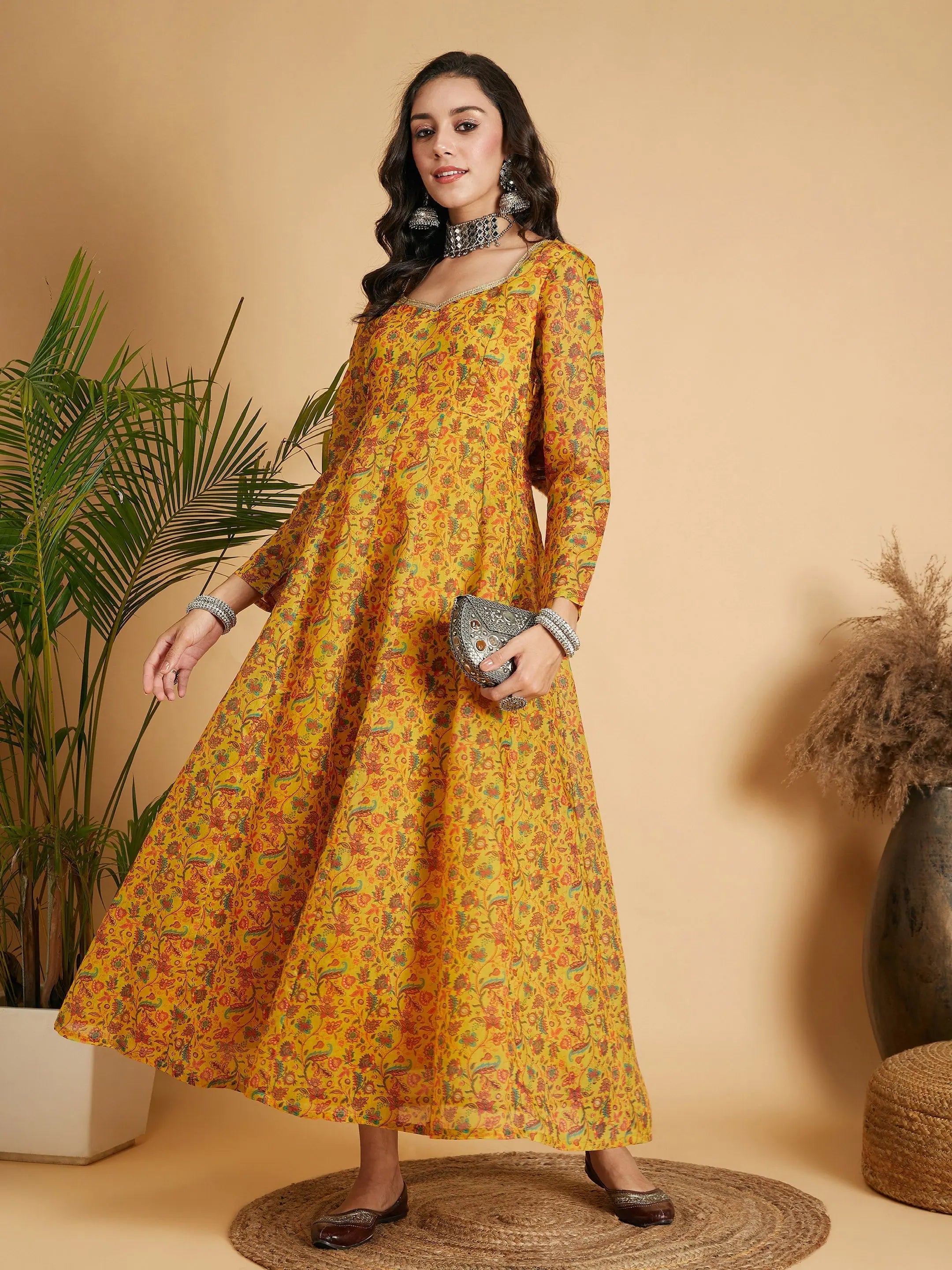 Mustard Floral Anarkali Maxi Dress | Festive Lehenga Collection