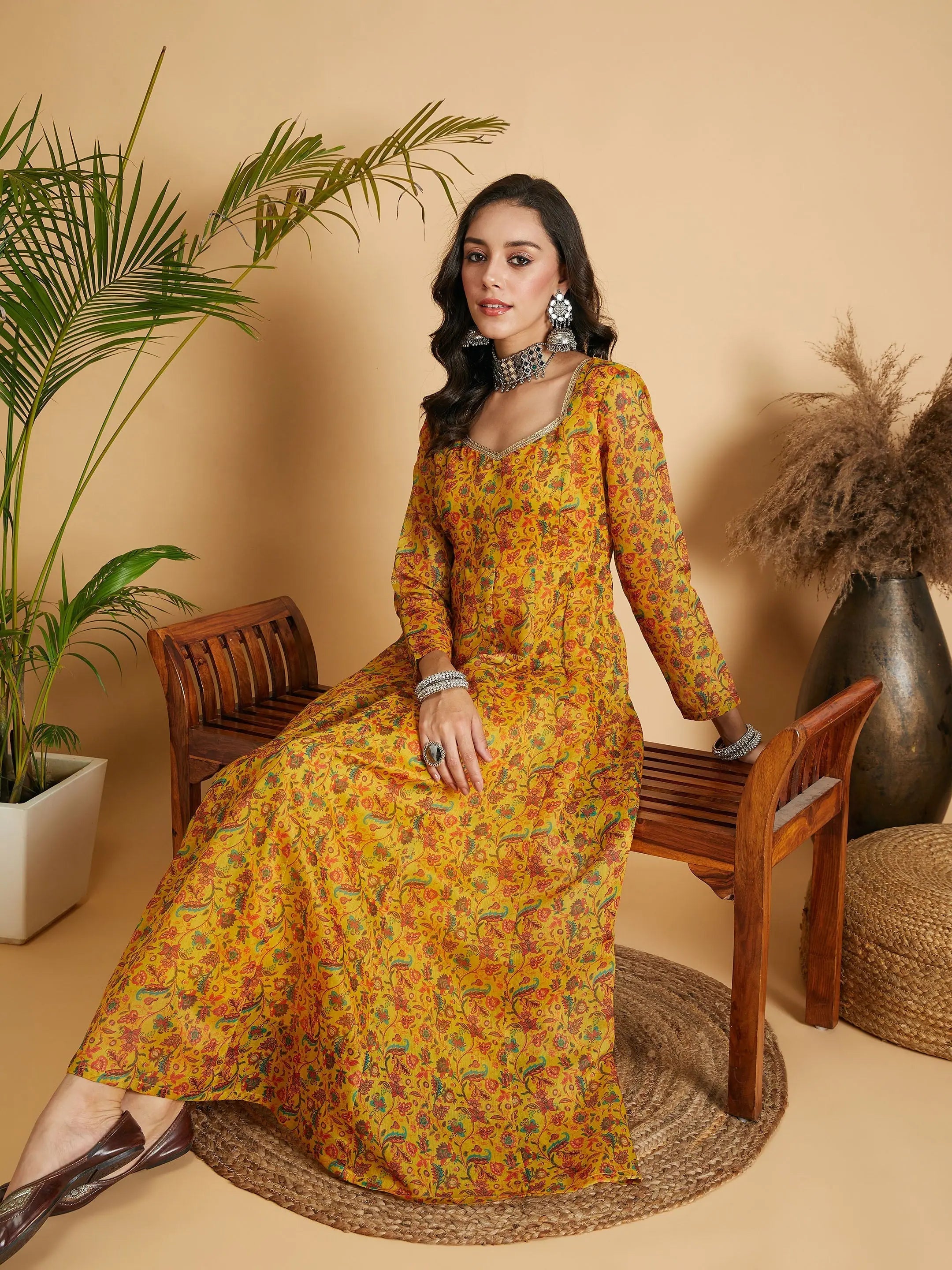Mustard Floral Anarkali Maxi Dress | Festive Lehenga Collection