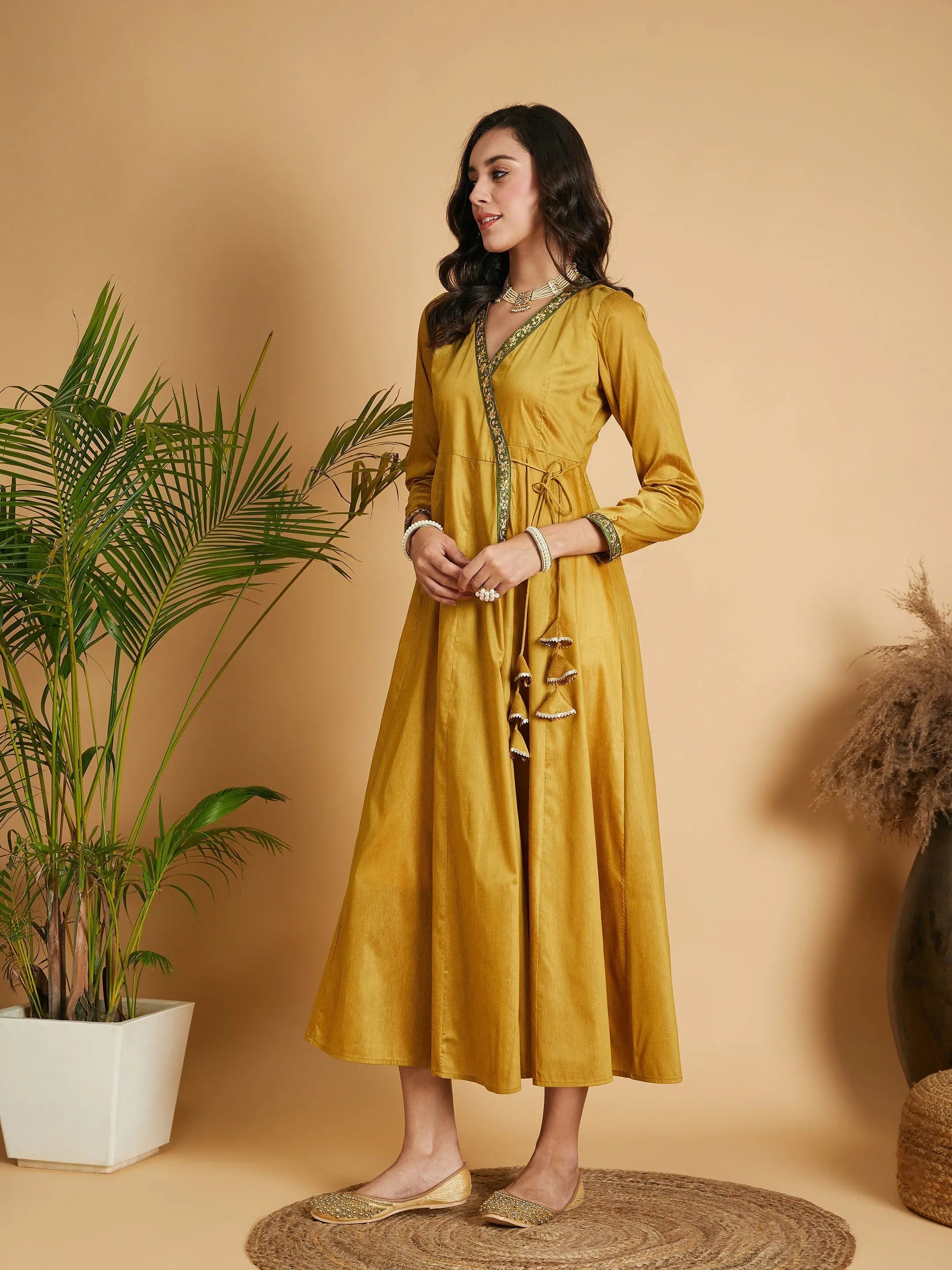 Mustard Angrakha Anarkali Dress | Ethnic Lehenga for Women