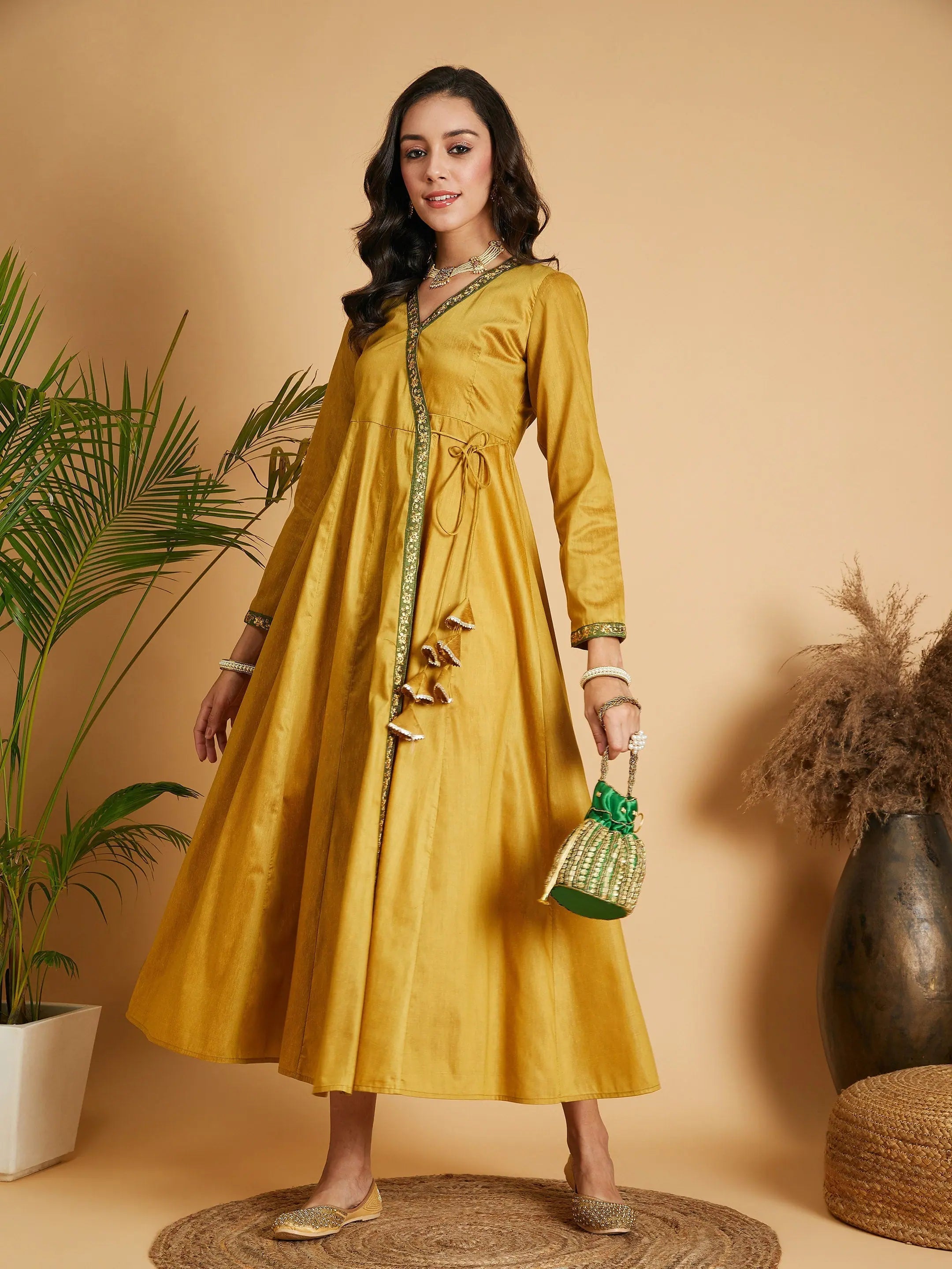 Mustard Angrakha Anarkali Dress | Ethnic Lehenga for Women