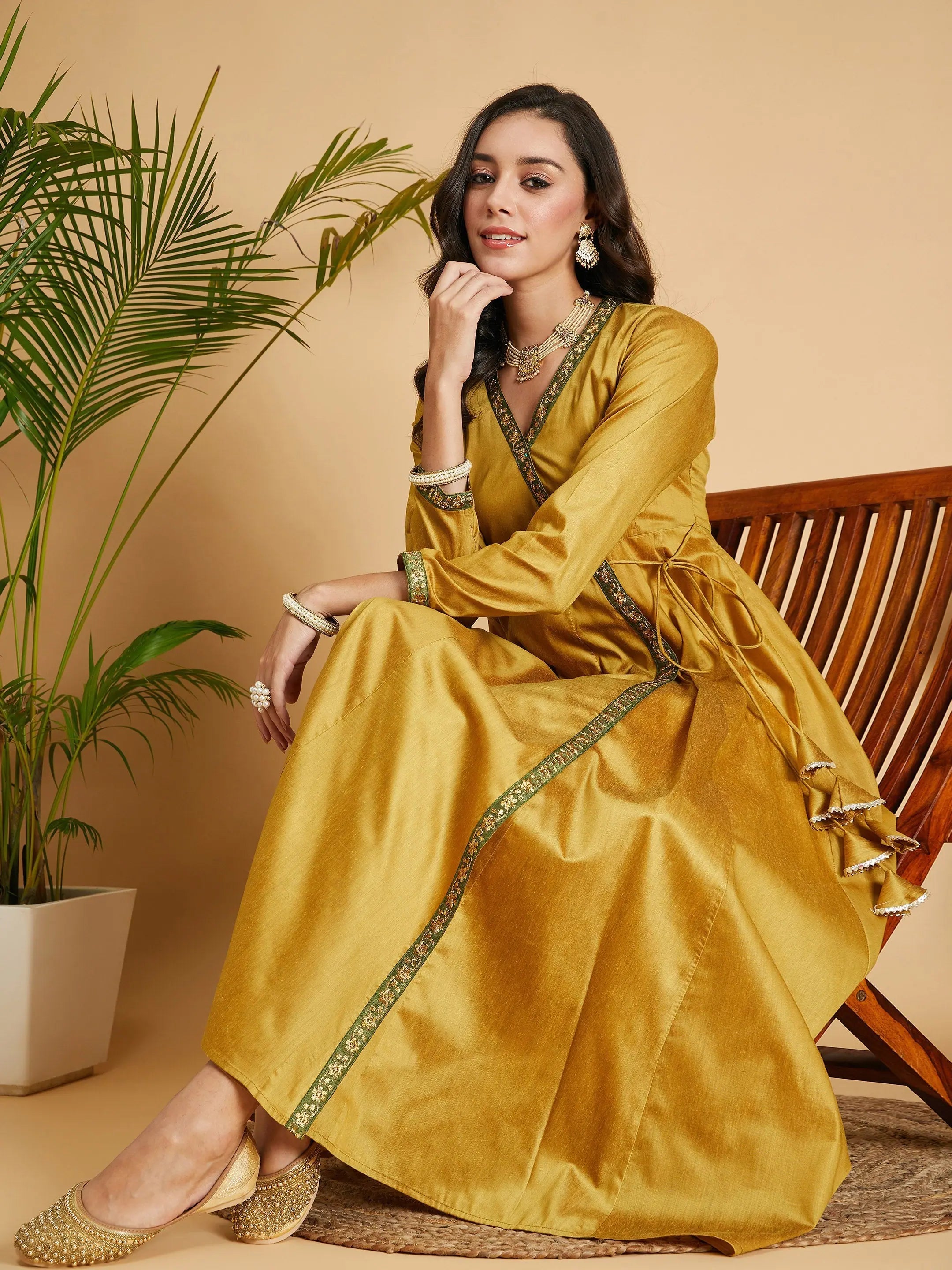 Mustard Angrakha Anarkali Dress | Ethnic Lehenga for Women