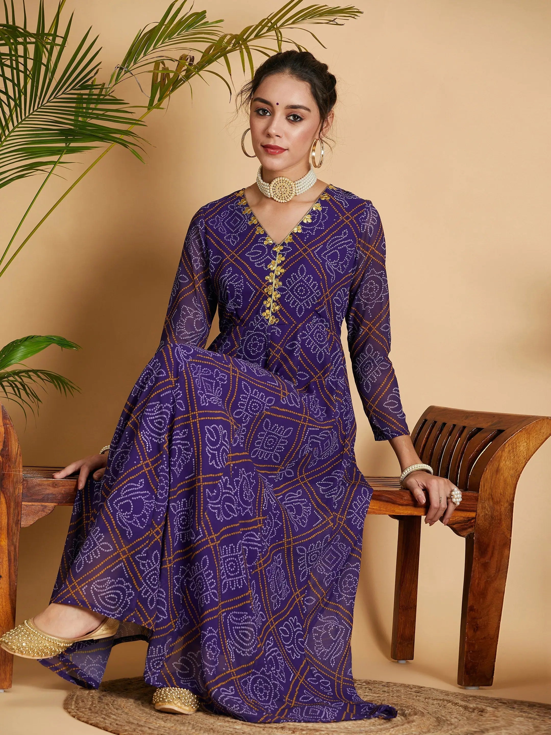 Purple Bandhej Anarkali Dress | Festive Lehenga for Women