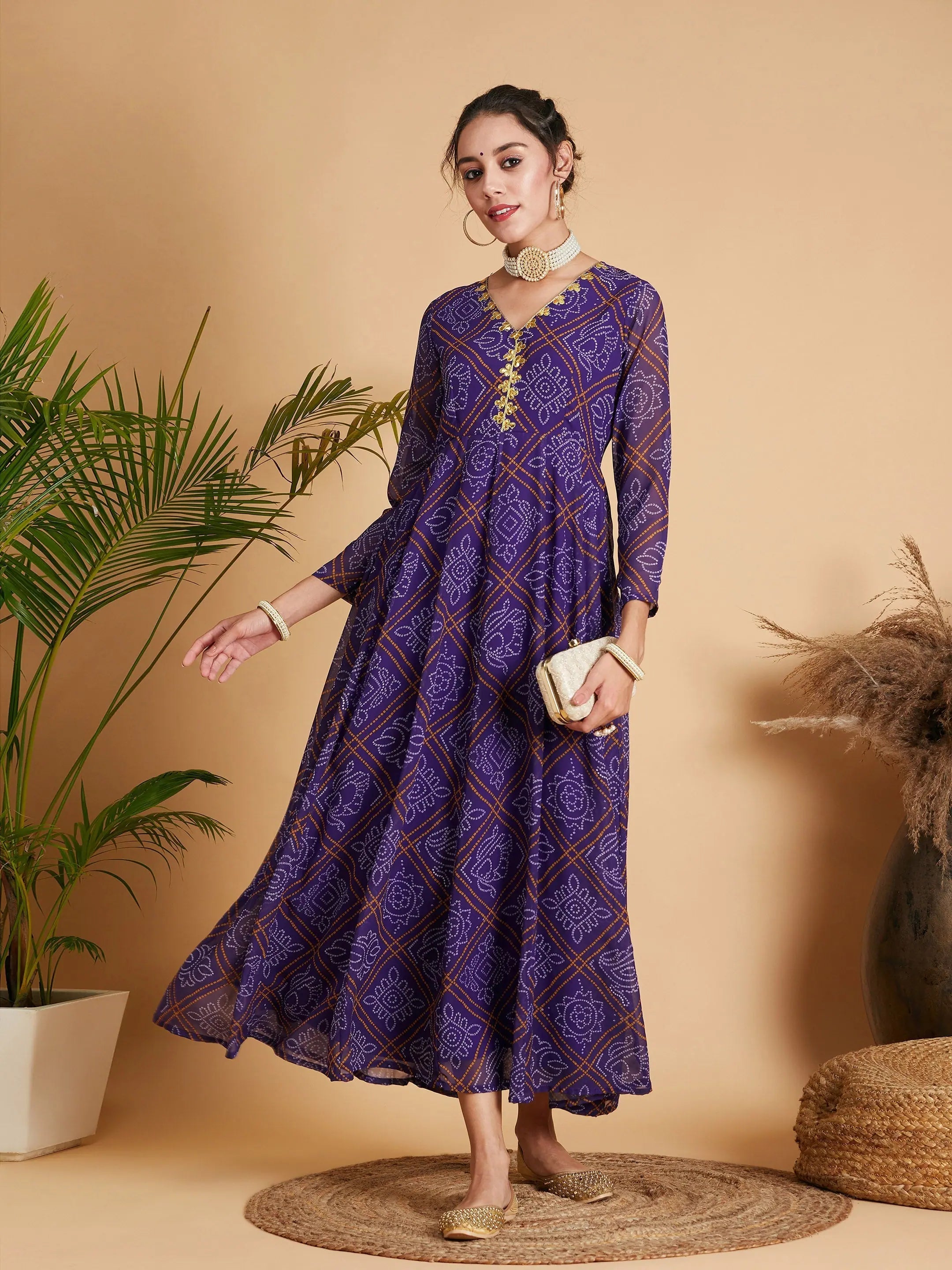 Purple Bandhej Anarkali Dress | Festive Lehenga for Women
