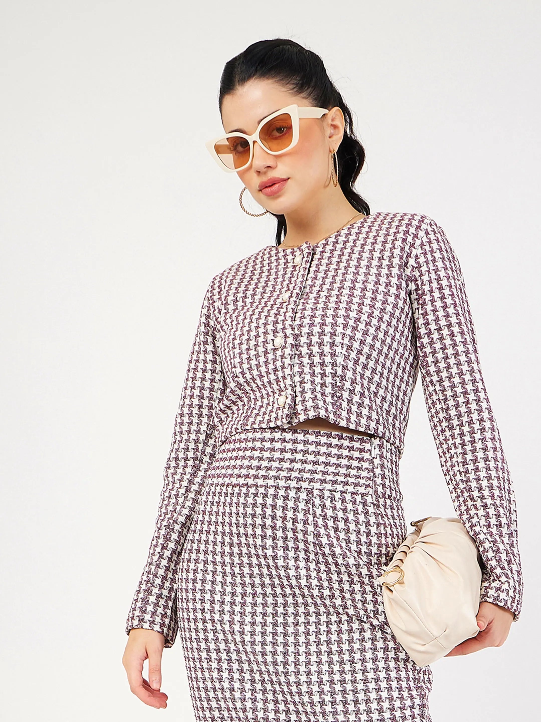 Burgundy Geo Jacquard Tweed Top | Women's Shirts and Blouses