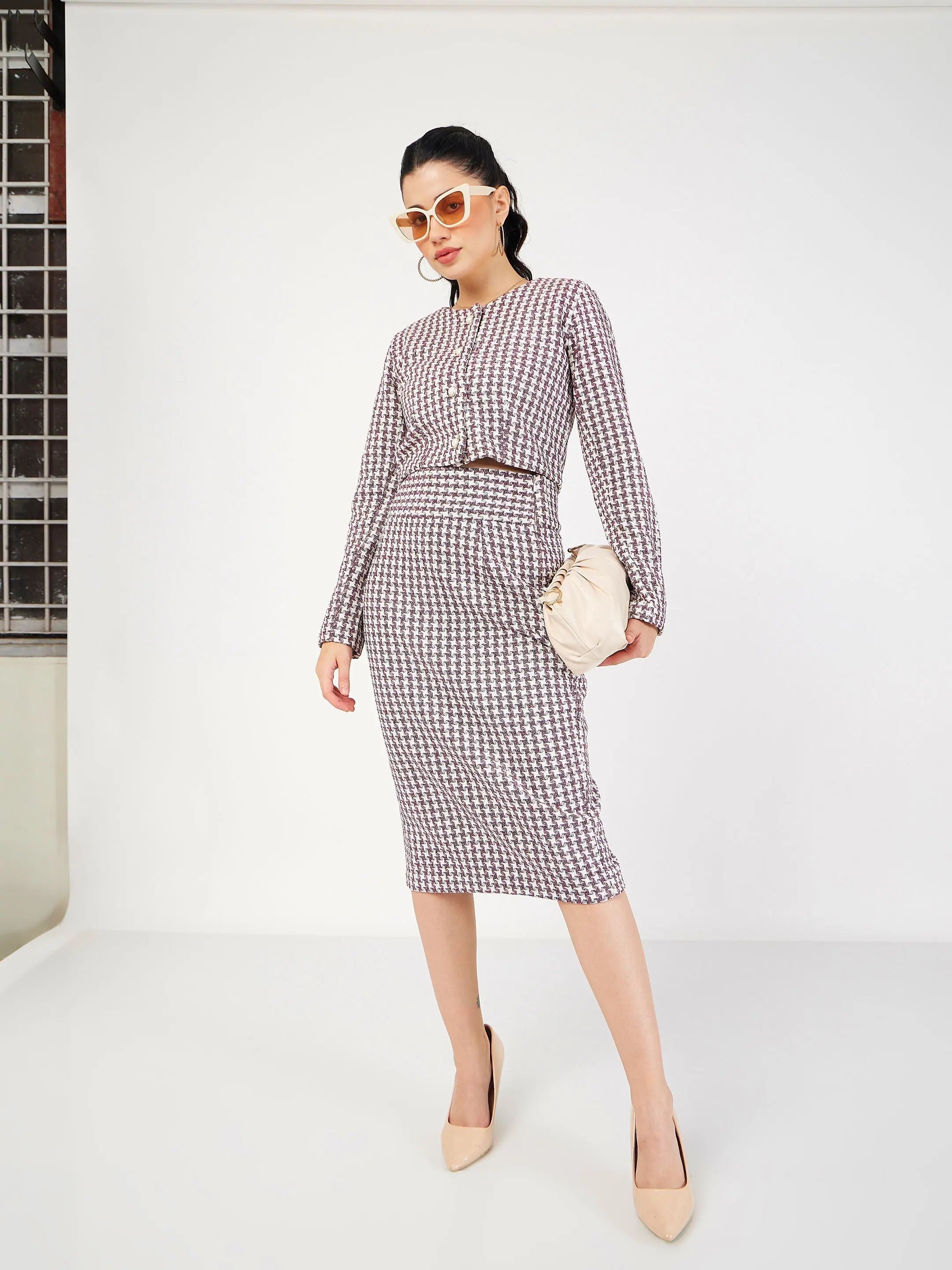 Burgundy Geo Jacquard Tweed Top | Women's Shirts and Blouses