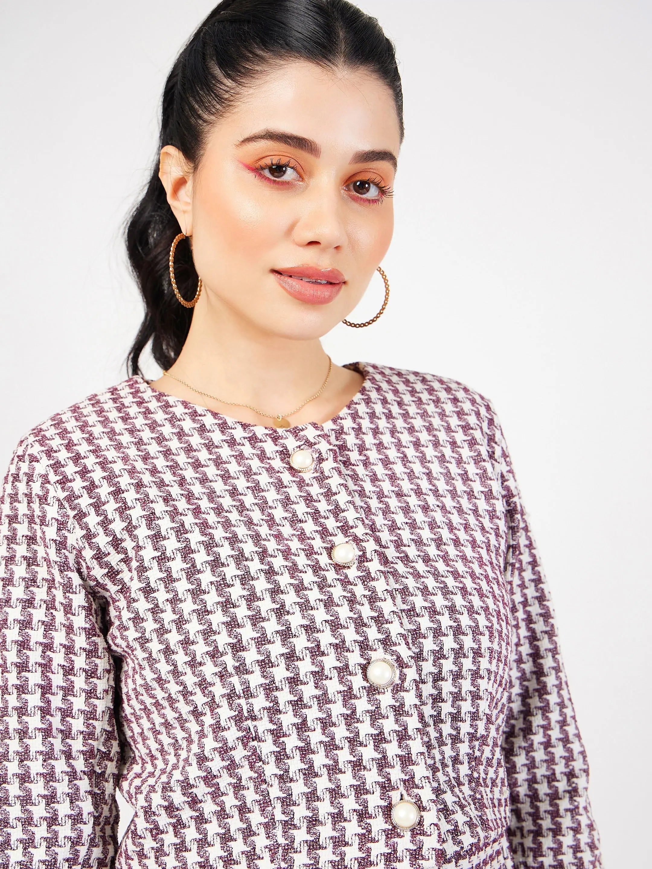 Burgundy Geo Jacquard Tweed Top | Women's Shirts and Blouses