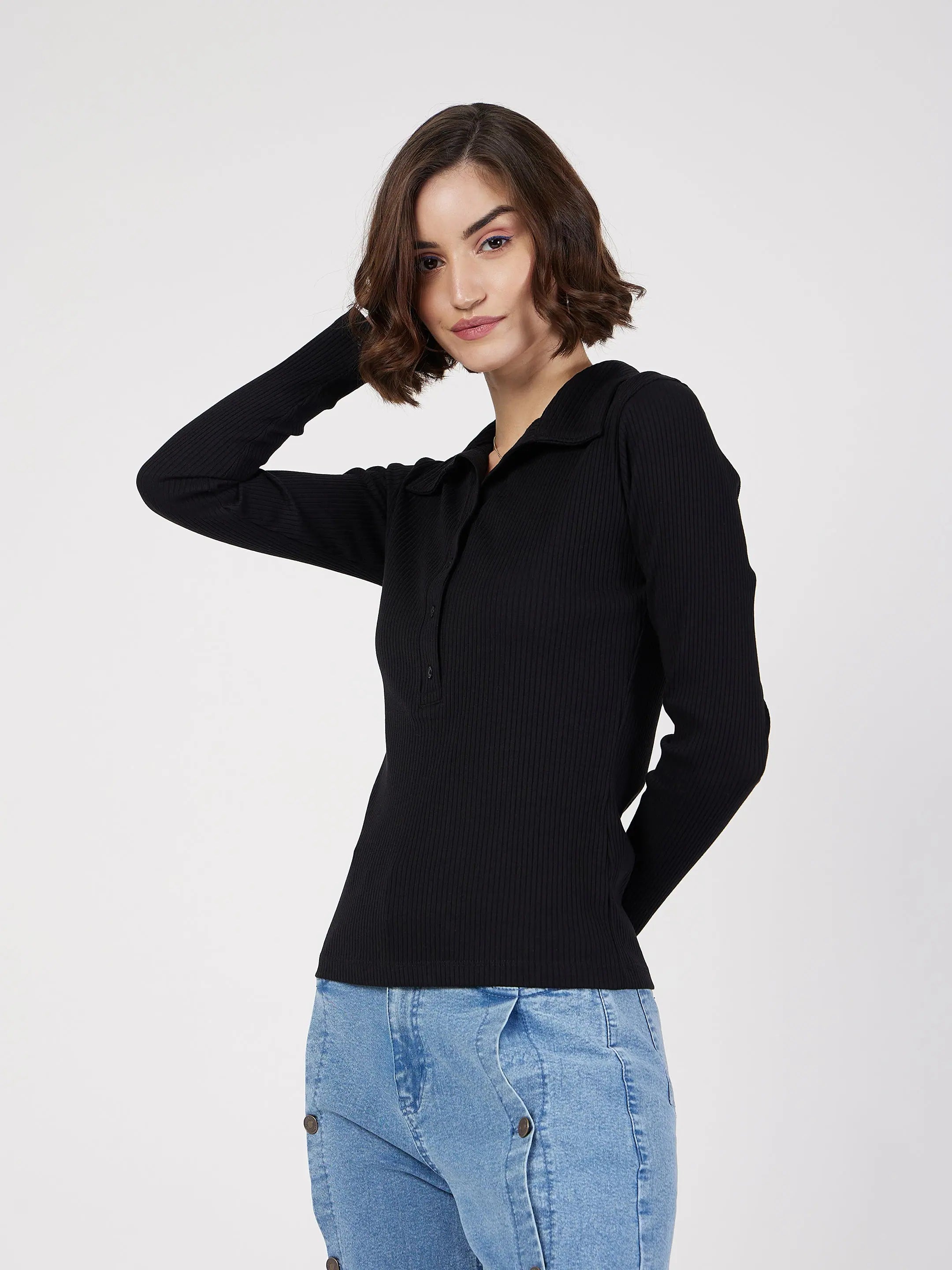 Black Rib Polo Neck Top | Women's Western Wear Outfits