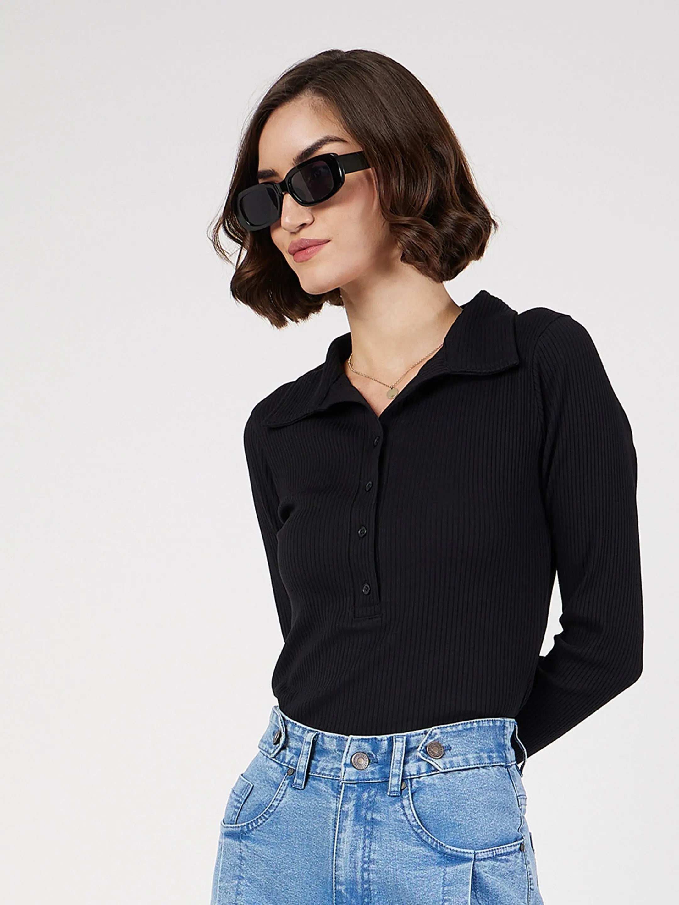 Black Rib Polo Neck Top | Women's Western Wear Outfits