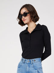 Women Black Rib Polo Neck Full Sleeves Top