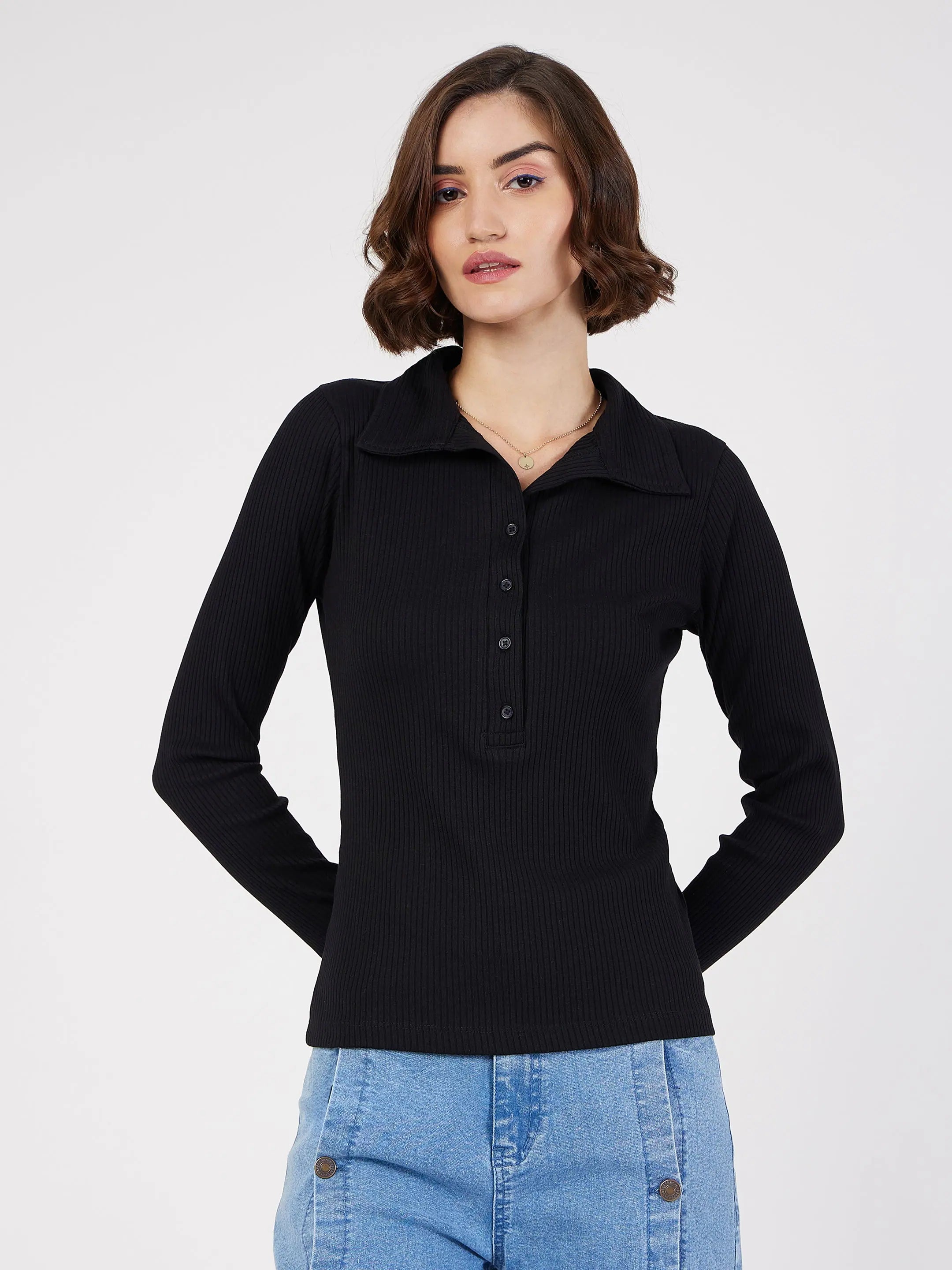 Black Rib Polo Neck Top | Women's Western Wear Outfits