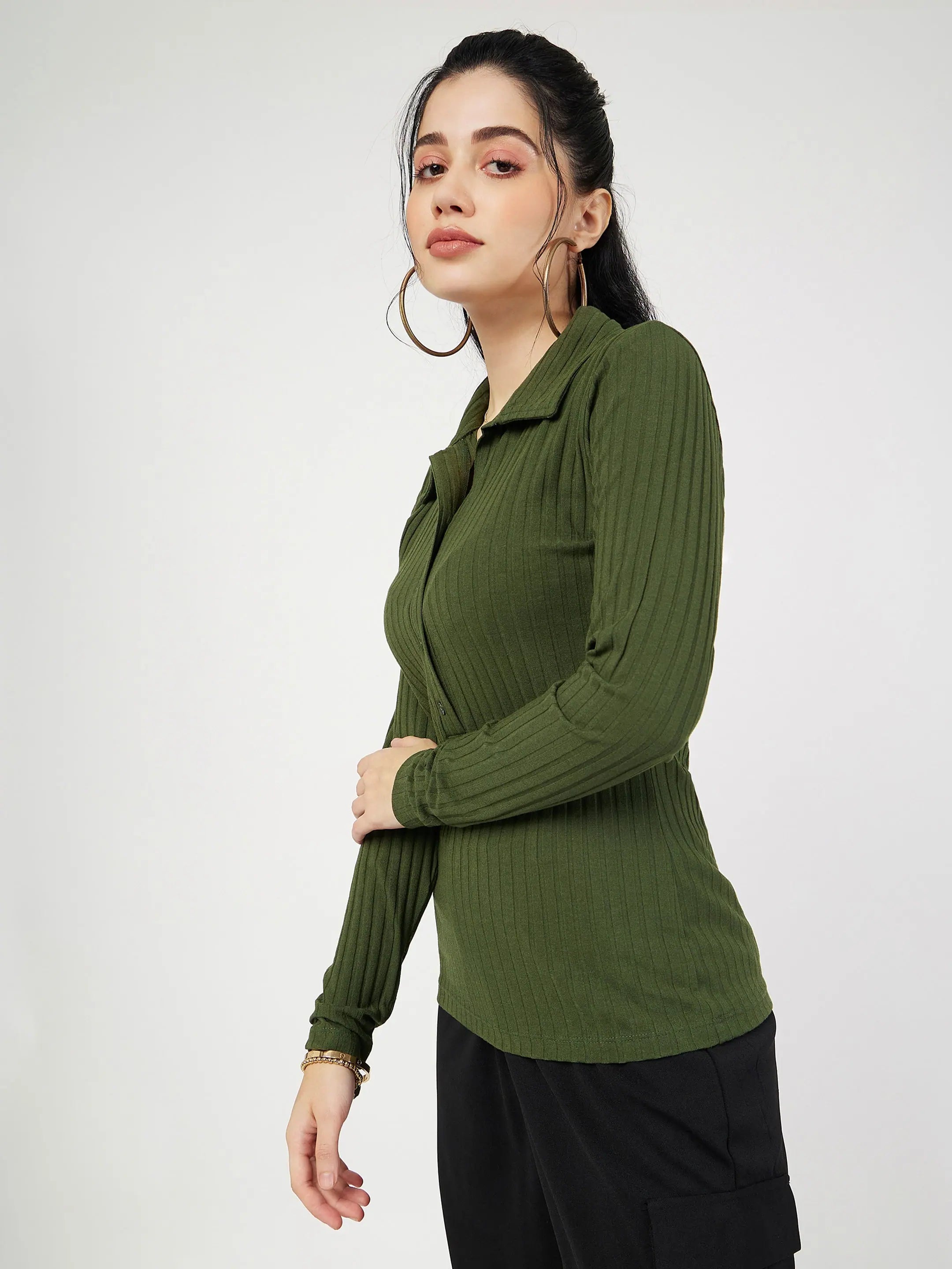 Olive Ribbed Polo Top - Women's Western Clothing & Style