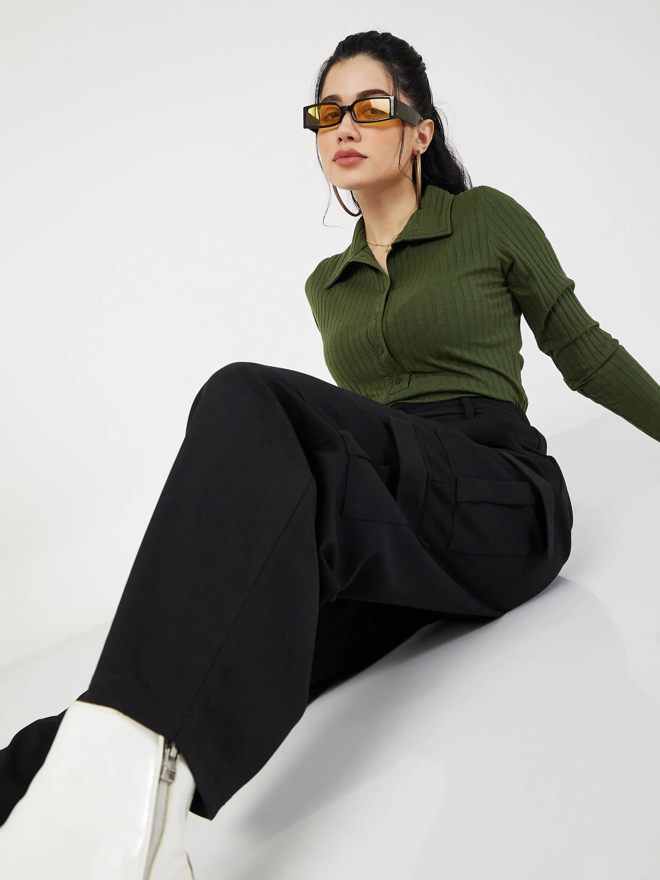 Olive Ribbed Polo Top - Women's Western Clothing & Style