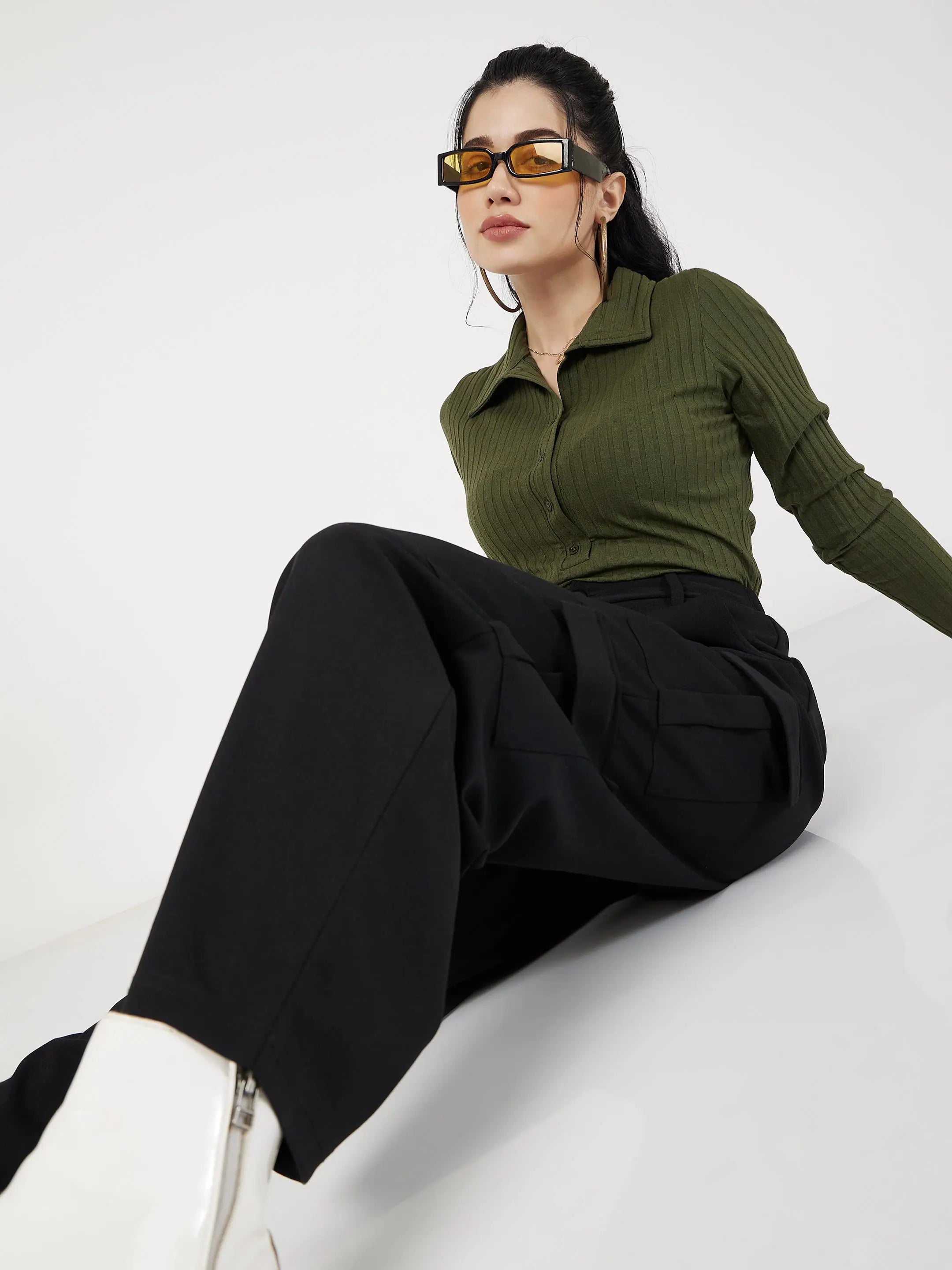 Olive Ribbed Polo Top - Women's Western Clothing & Style