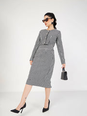 Women Black Geo Jacquard Tweed Full Sleeves Top