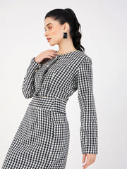 Women Black Geo Jacquard Tweed Full Sleeves Top