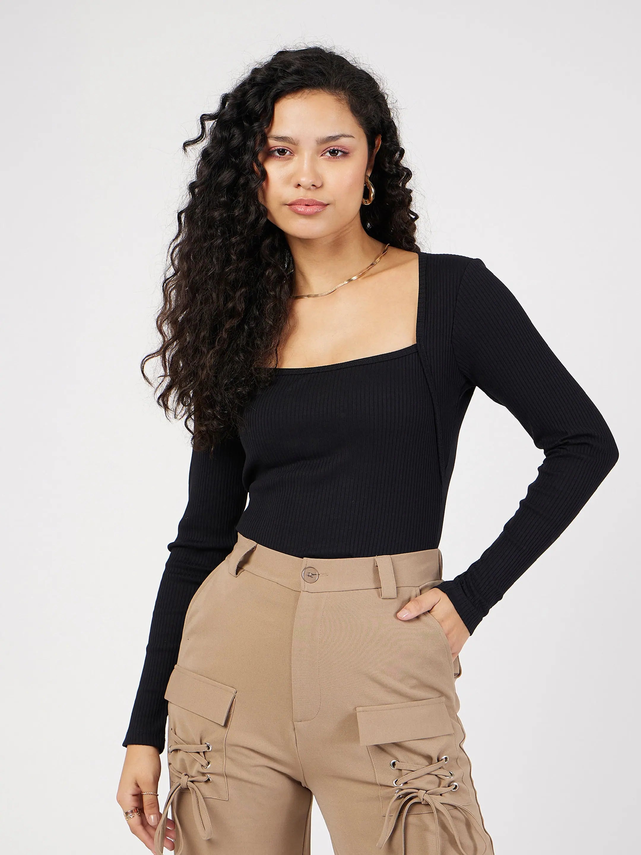 Black Rib Square Neck Top | Women's Tops & Women's Blouses