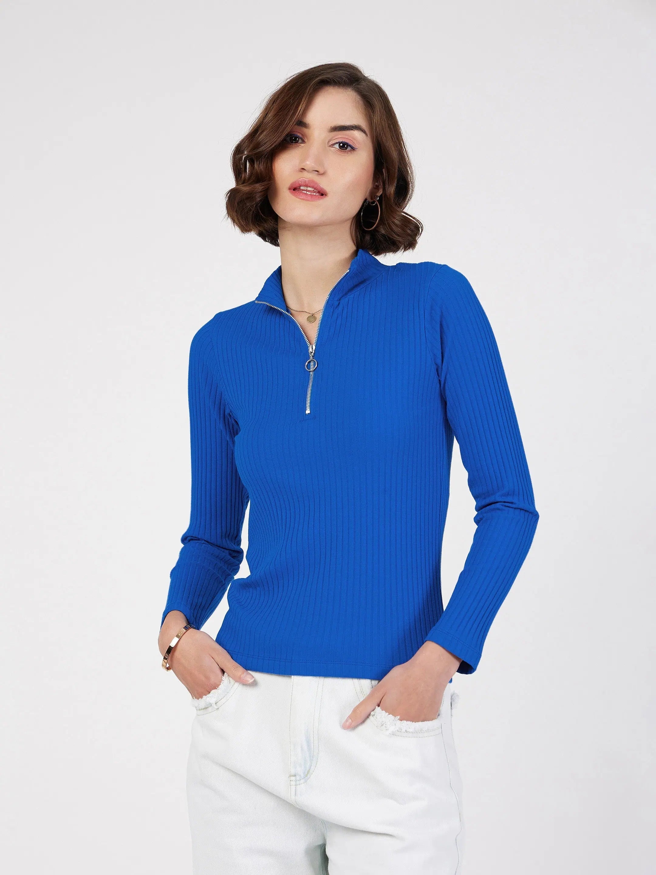 Royal Blue Ribbed Top - Western Outfits for Women Online