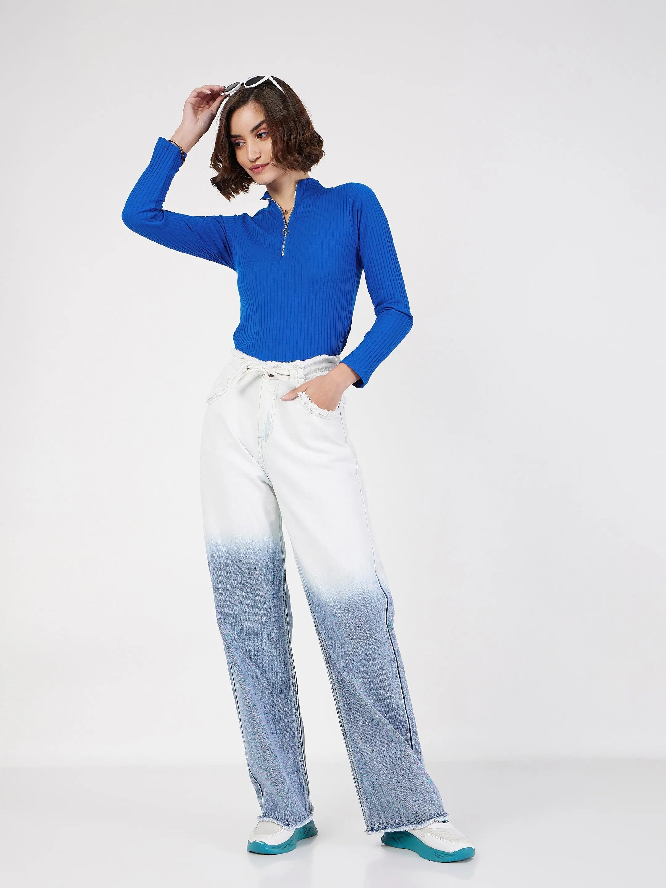 Royal Blue Ribbed Top - Western Outfits for Women Online