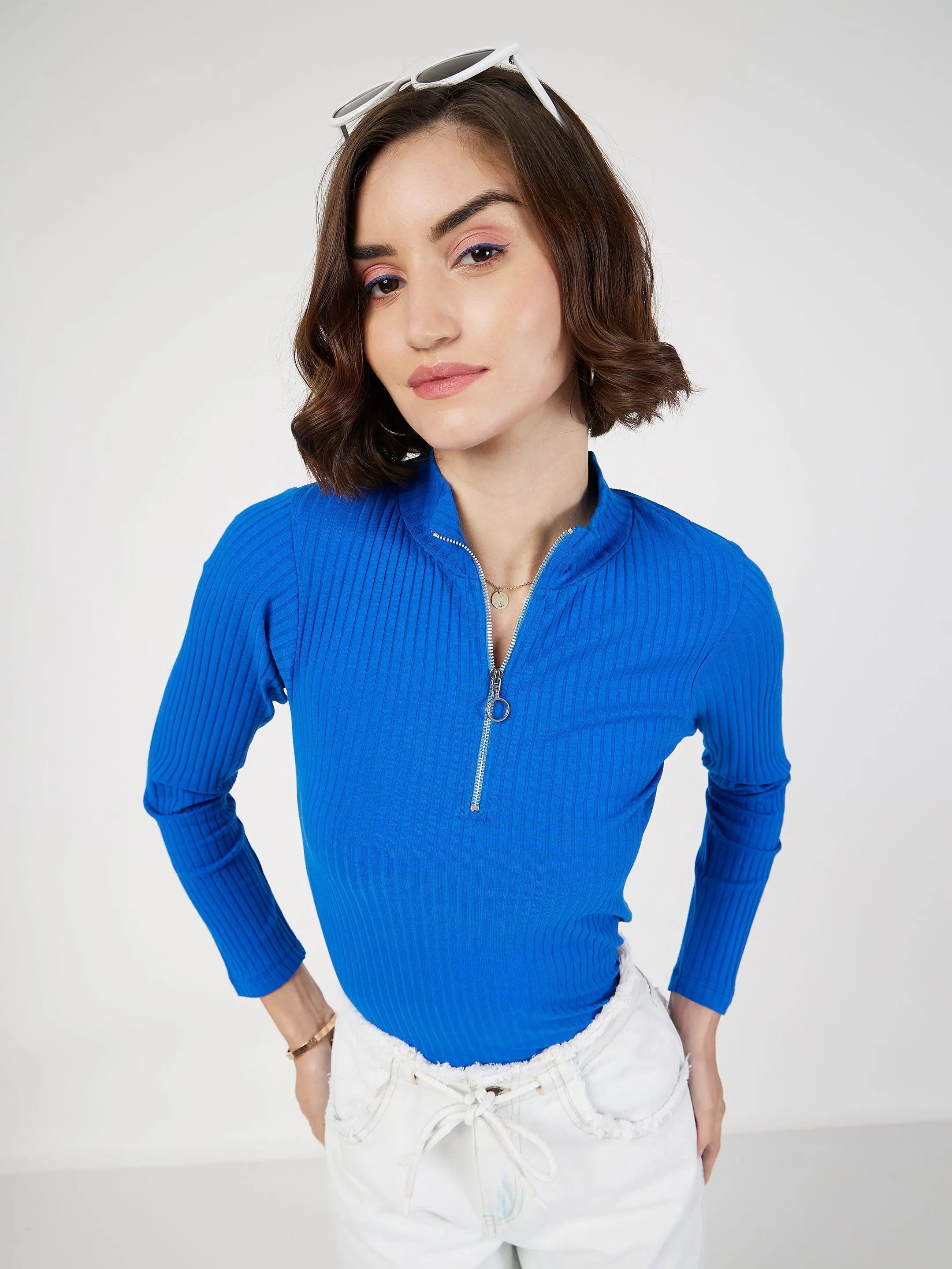 Royal Blue Ribbed Top - Western Outfits for Women Online