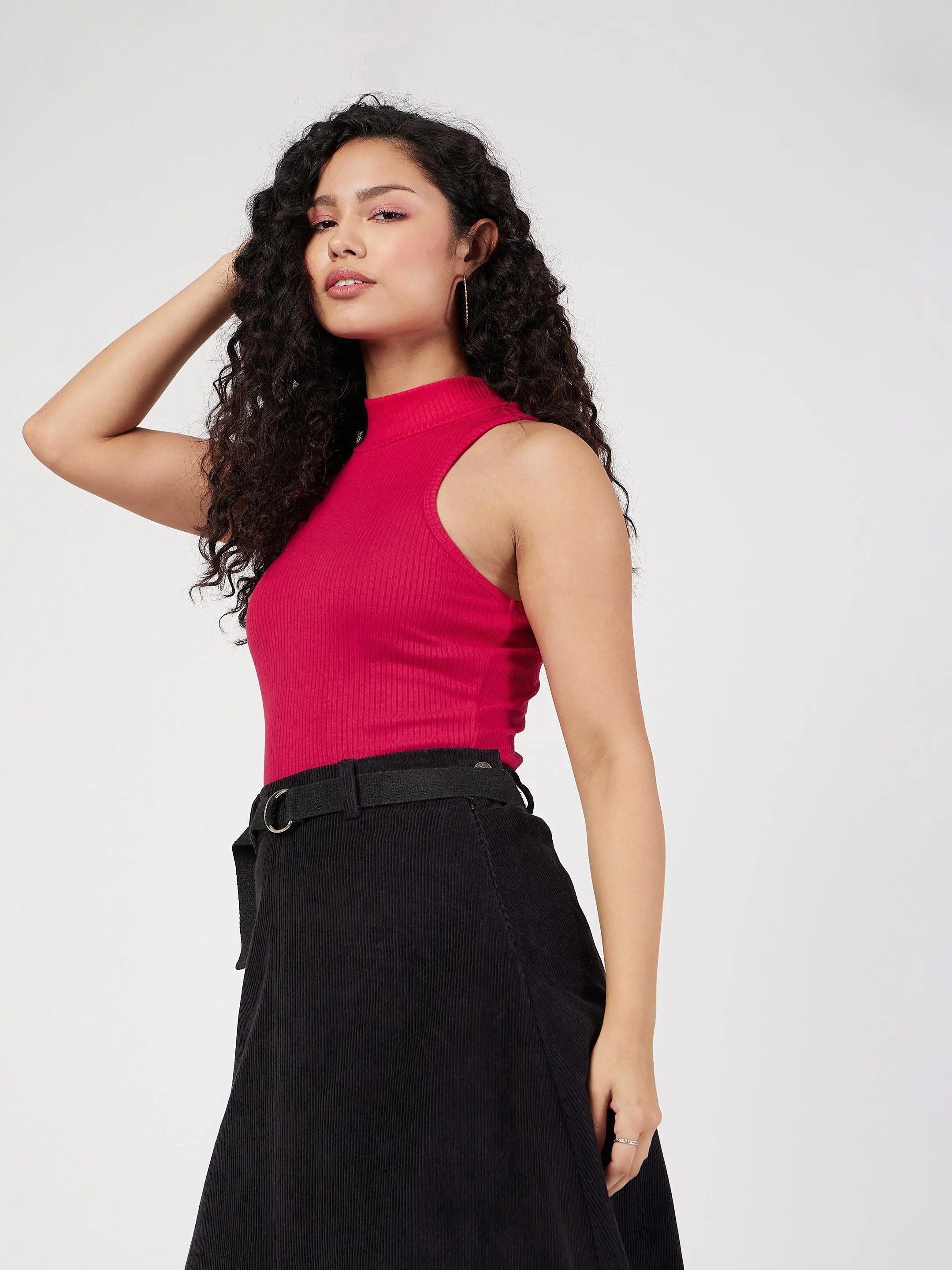 Red Rib Turtle Neck Top - Women's Sleeveless Western Wear