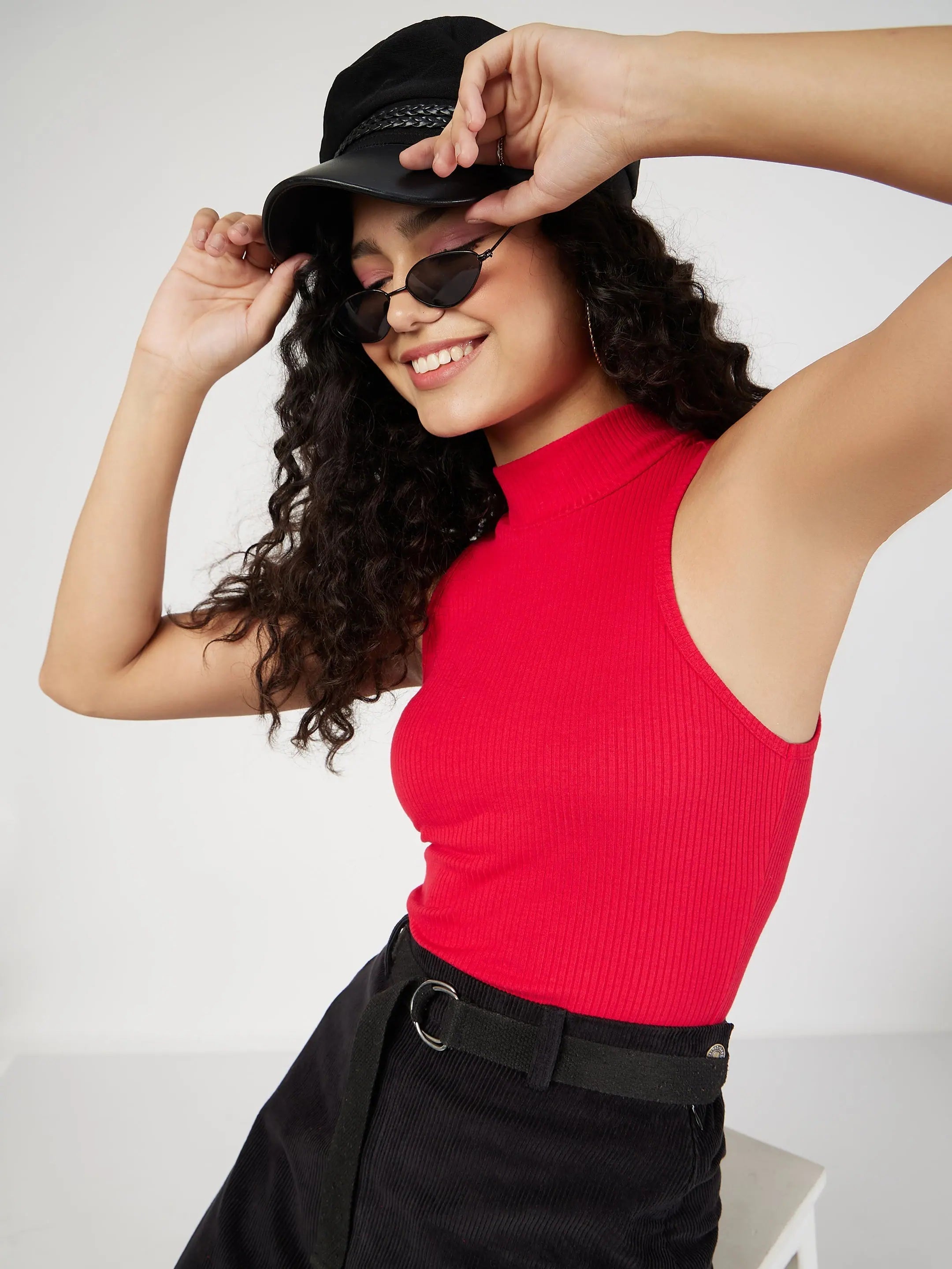 Red Rib Turtle Neck Top - Women's Sleeveless Western Wear