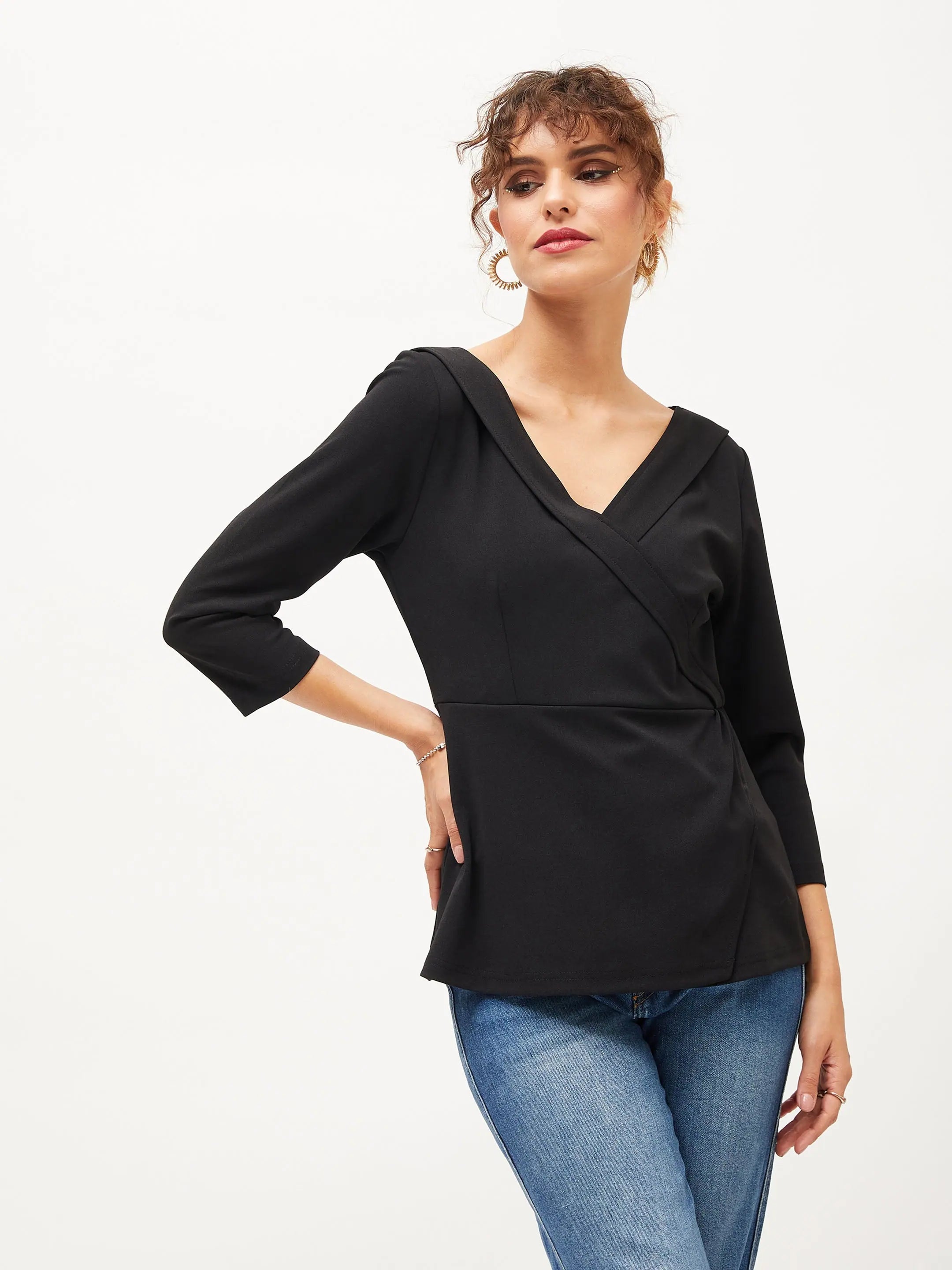Black Peplum Top - Women's Western Wear | V-Neck Knit Top