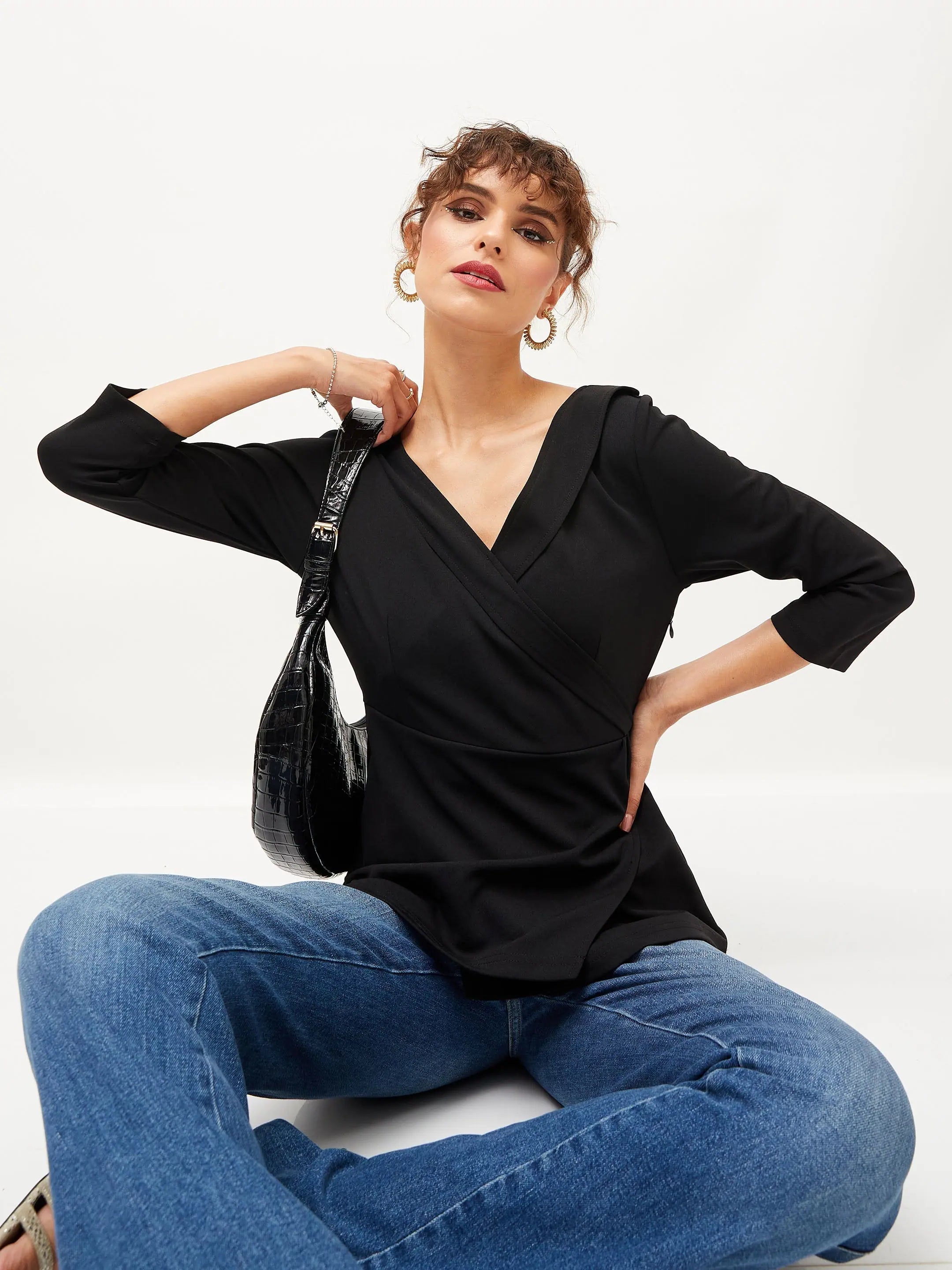 Black Peplum Top - Women's Western Wear | V-Neck Knit Top