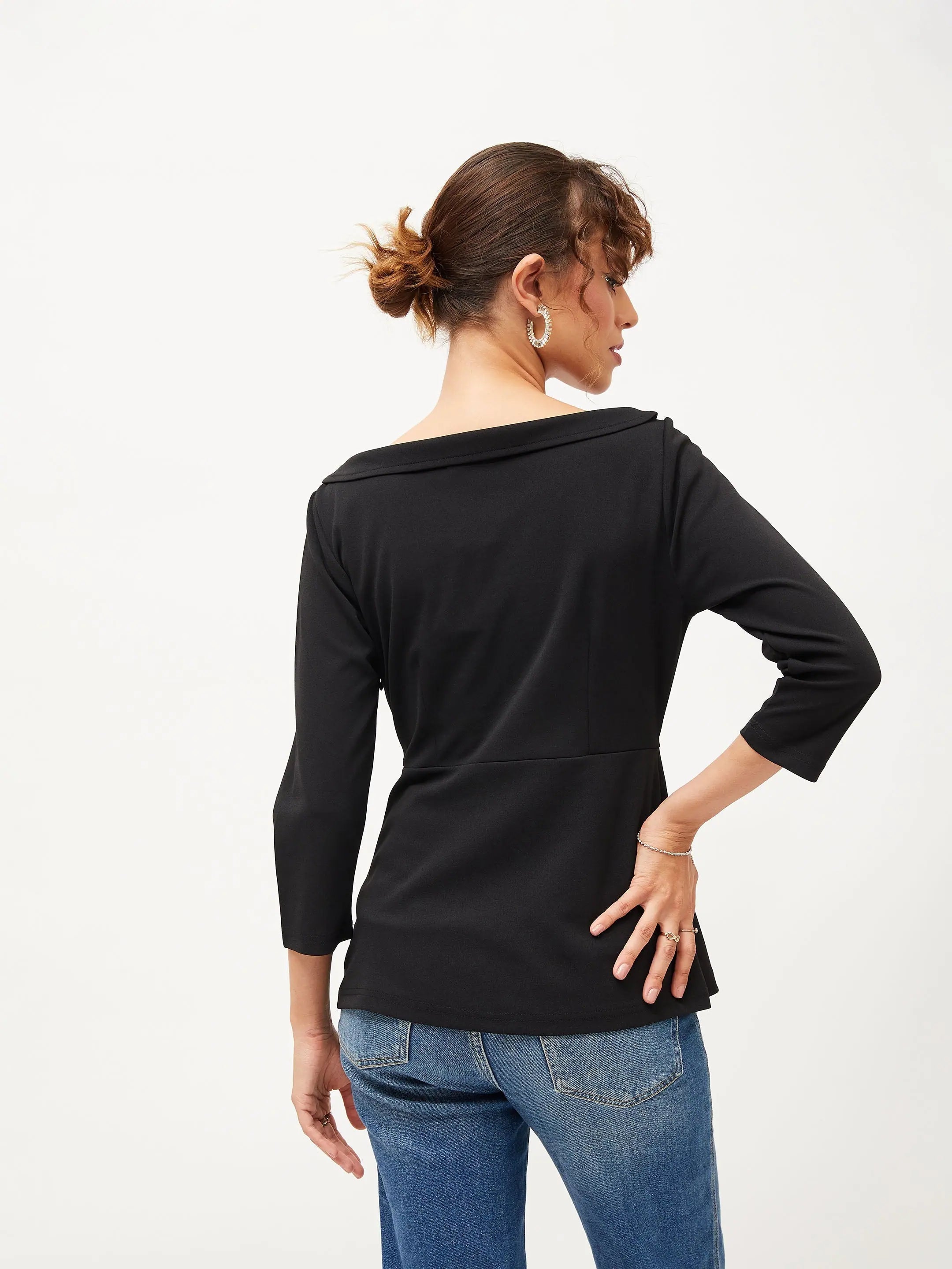 Black Peplum Top - Women's Western Wear | V-Neck Knit Top