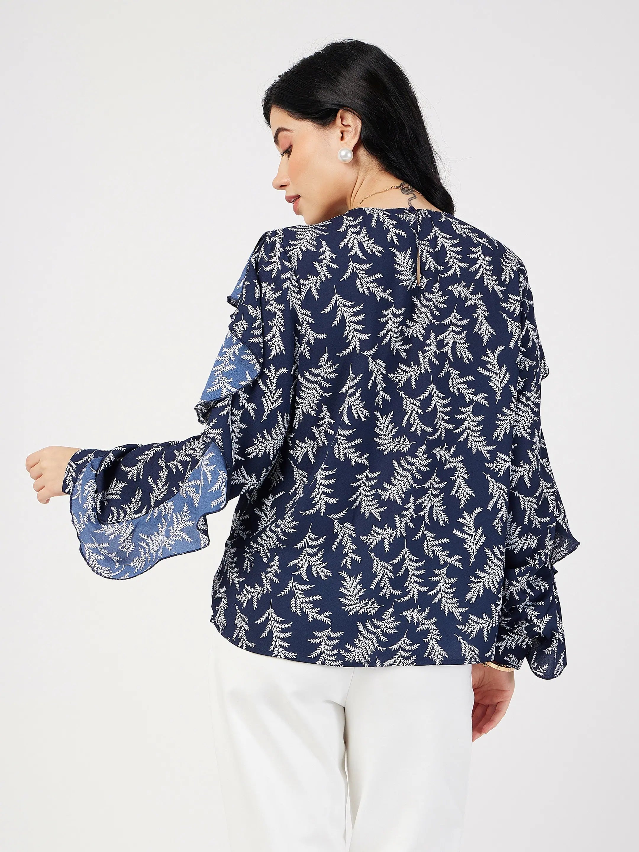 Navy Floral Ruffle Top - Women's Western Wear Georgette