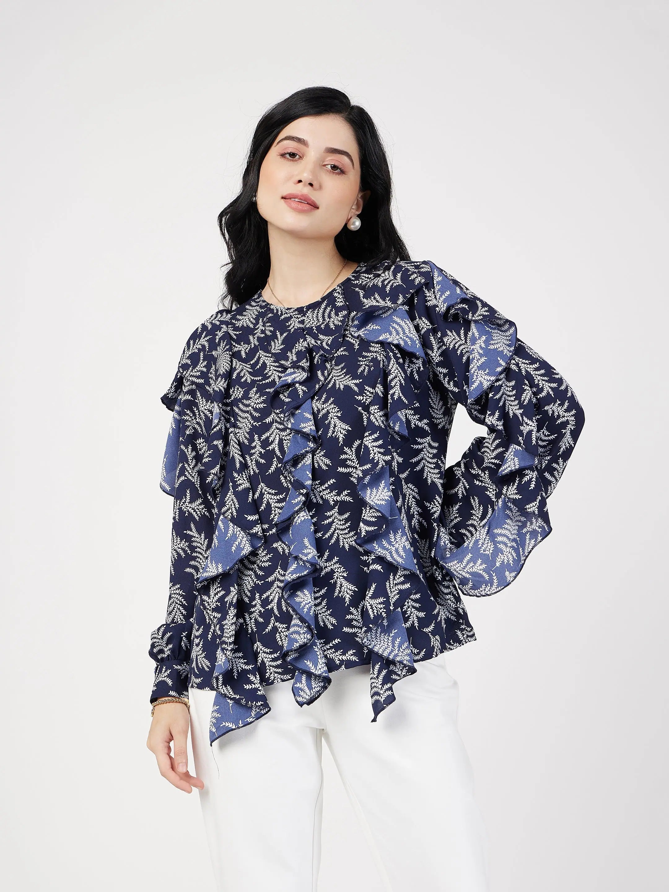 Navy Floral Ruffle Top - Women's Western Wear Georgette