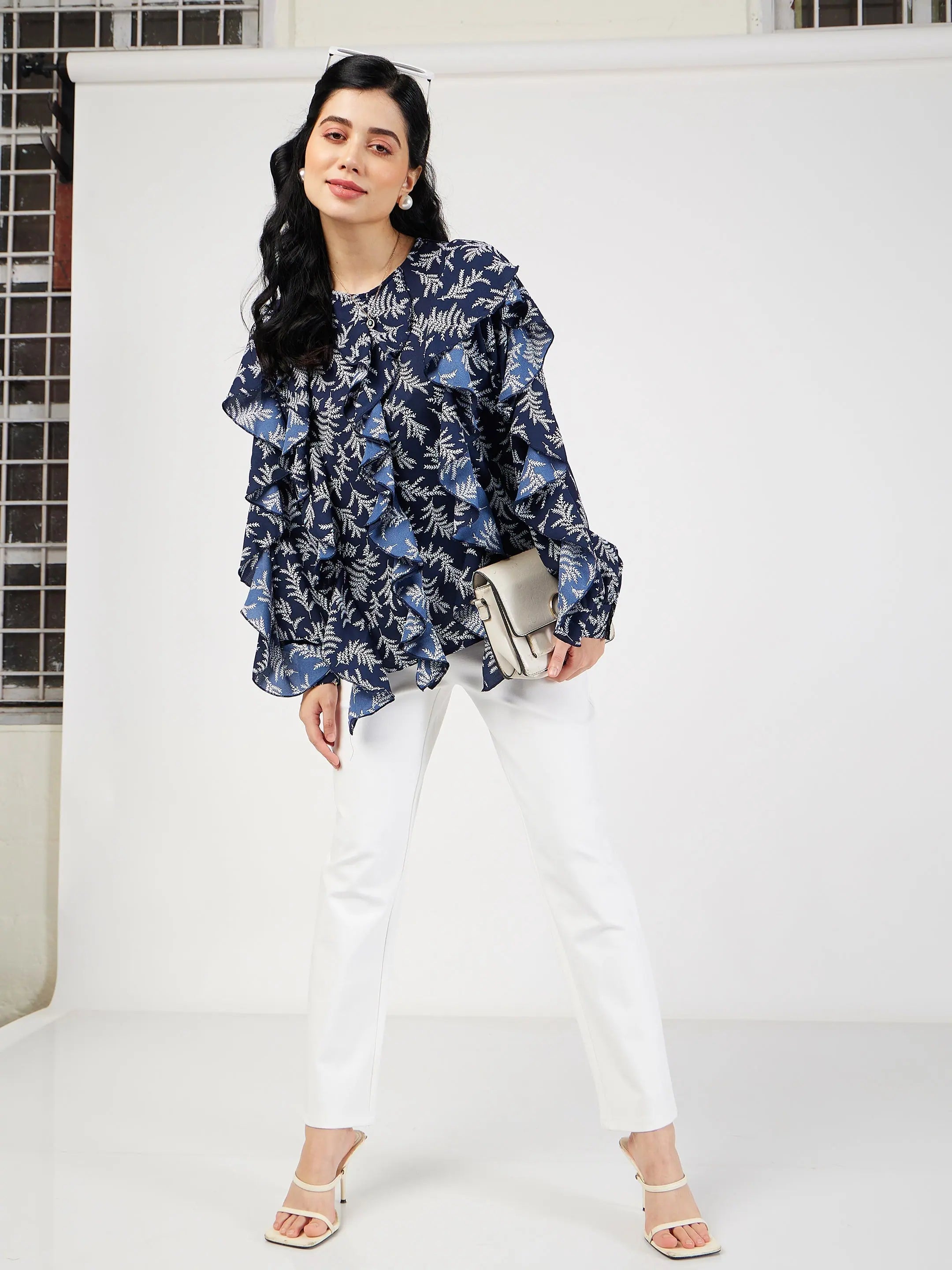 Navy Floral Ruffle Top - Women's Western Wear Georgette