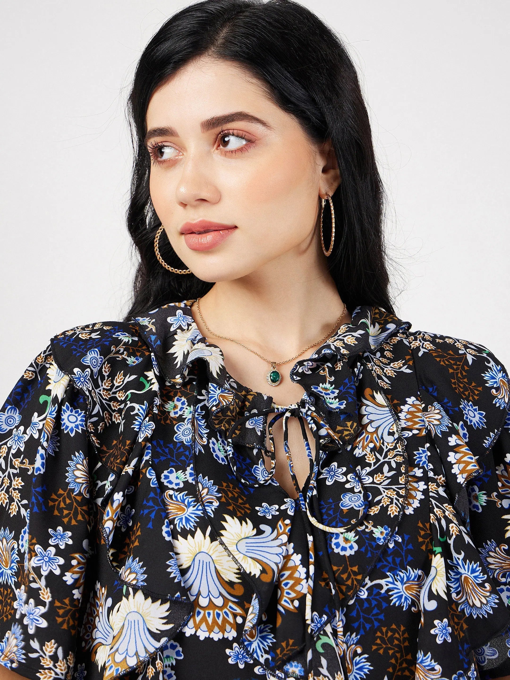 Floral Tie-Neck Ruffle Top | Elegant Women's Blouses