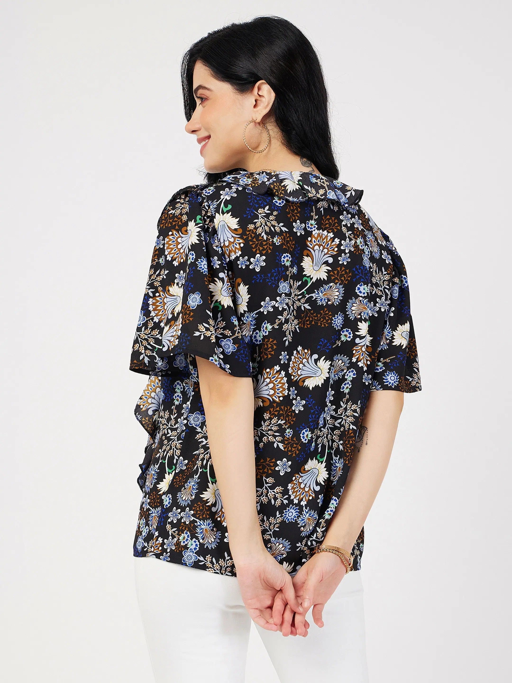 Floral Tie-Neck Ruffle Top | Elegant Women's Blouses