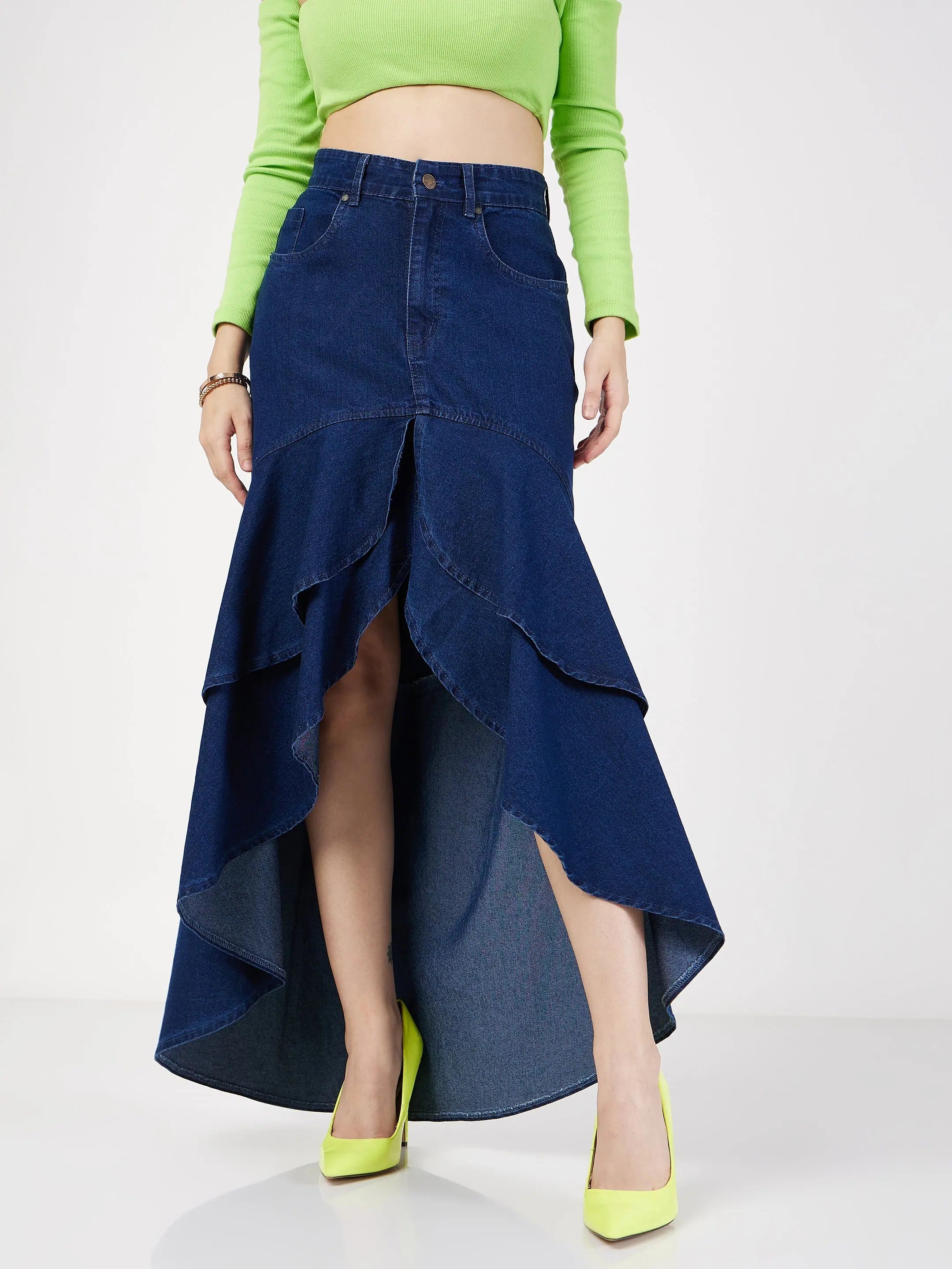 Navy Denim Ruffle Skirt - Women's Western Wear | High Low