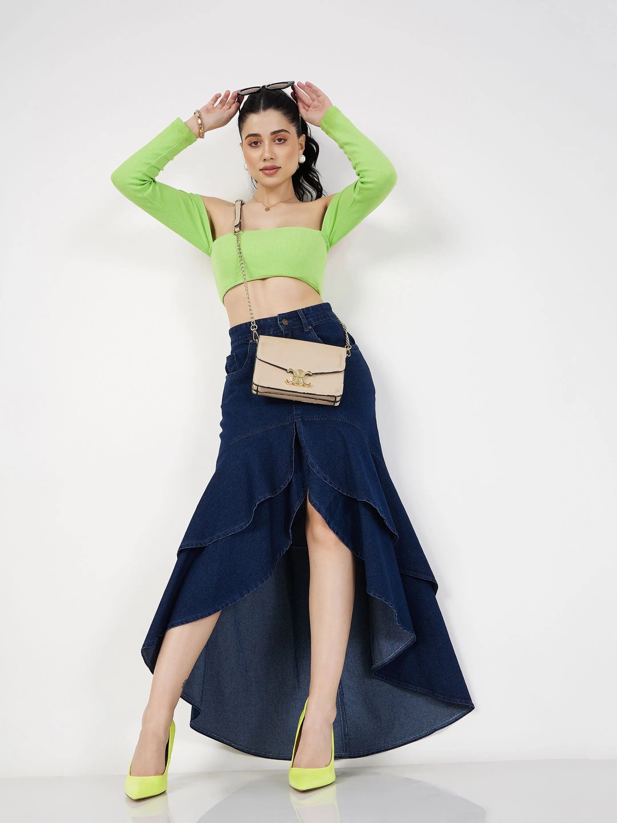 Navy Denim Ruffle Skirt - Women's Western Wear | High Low
