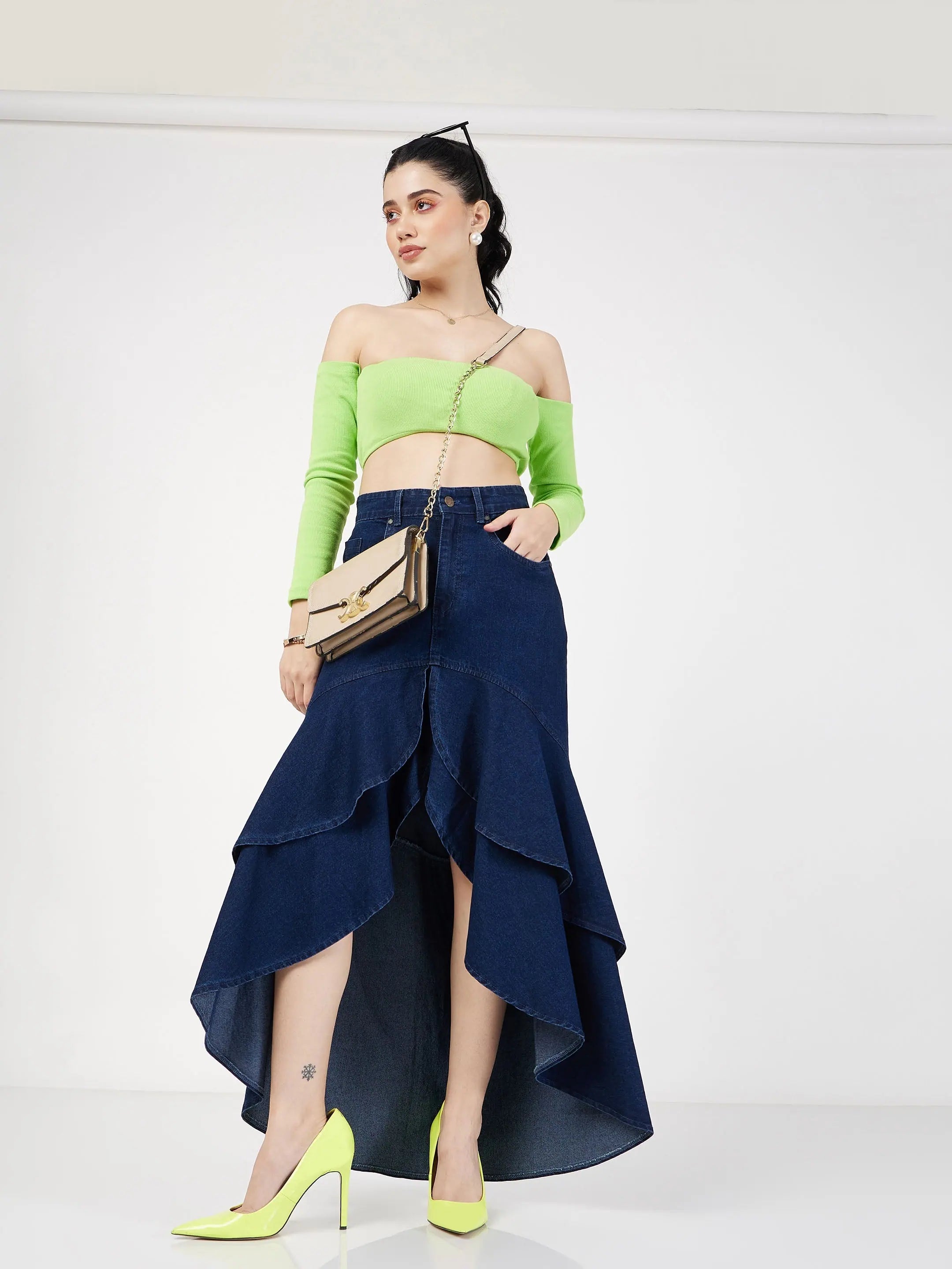 Navy Denim Ruffle Skirt - Women's Western Wear | High Low