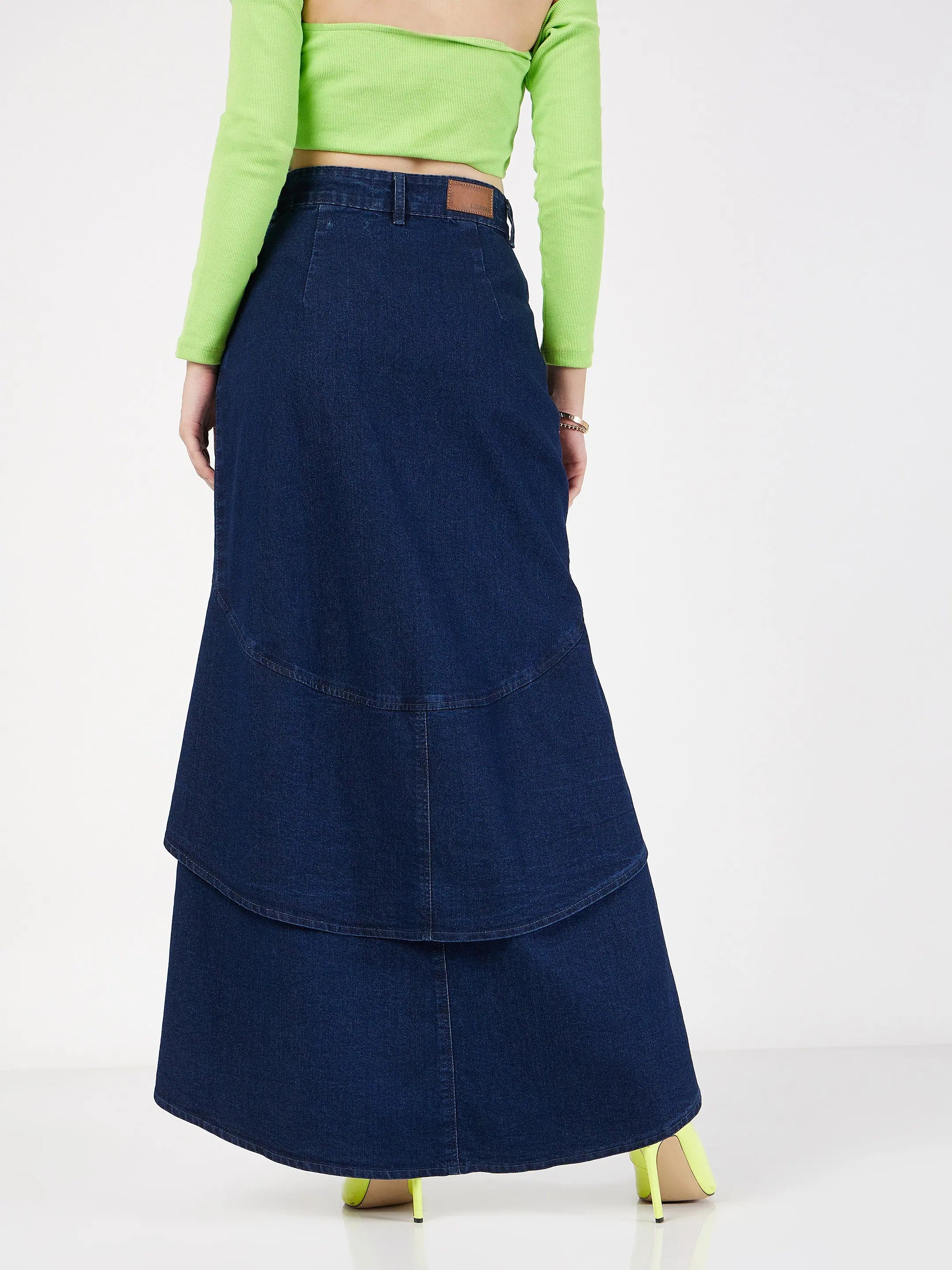 Navy Denim Ruffle Skirt - Women's Western Wear | High Low
