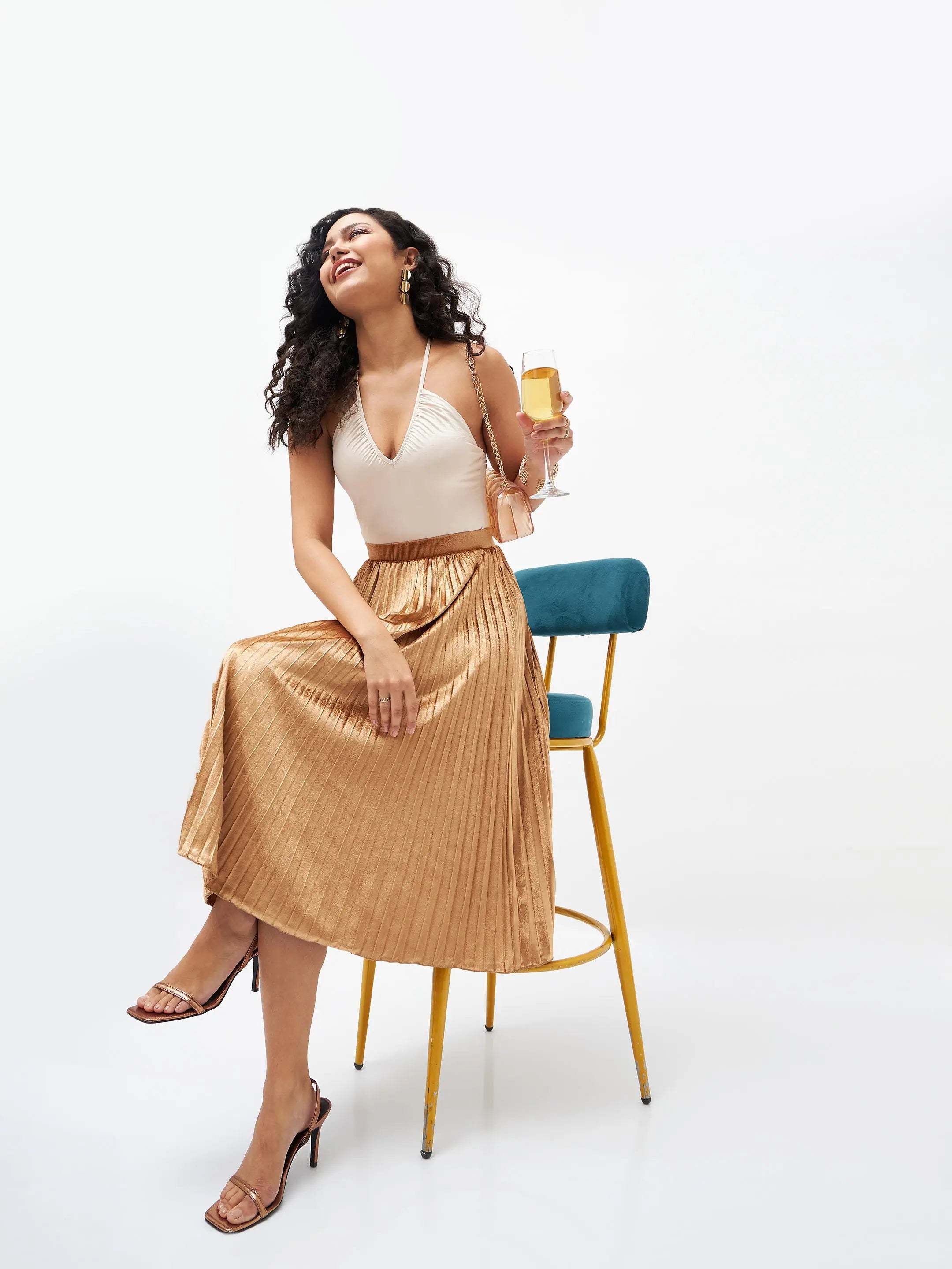 Gold Velvet Pleated Skirt - Stylish Women's Western Clothing